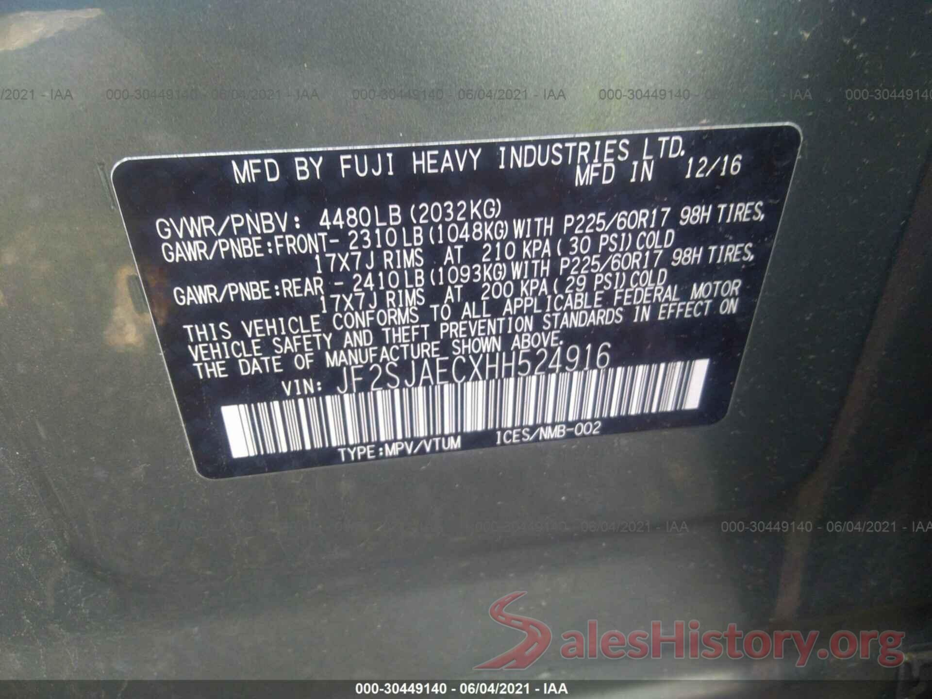 JF2SJAECXHH524916 2017 SUBARU FORESTER