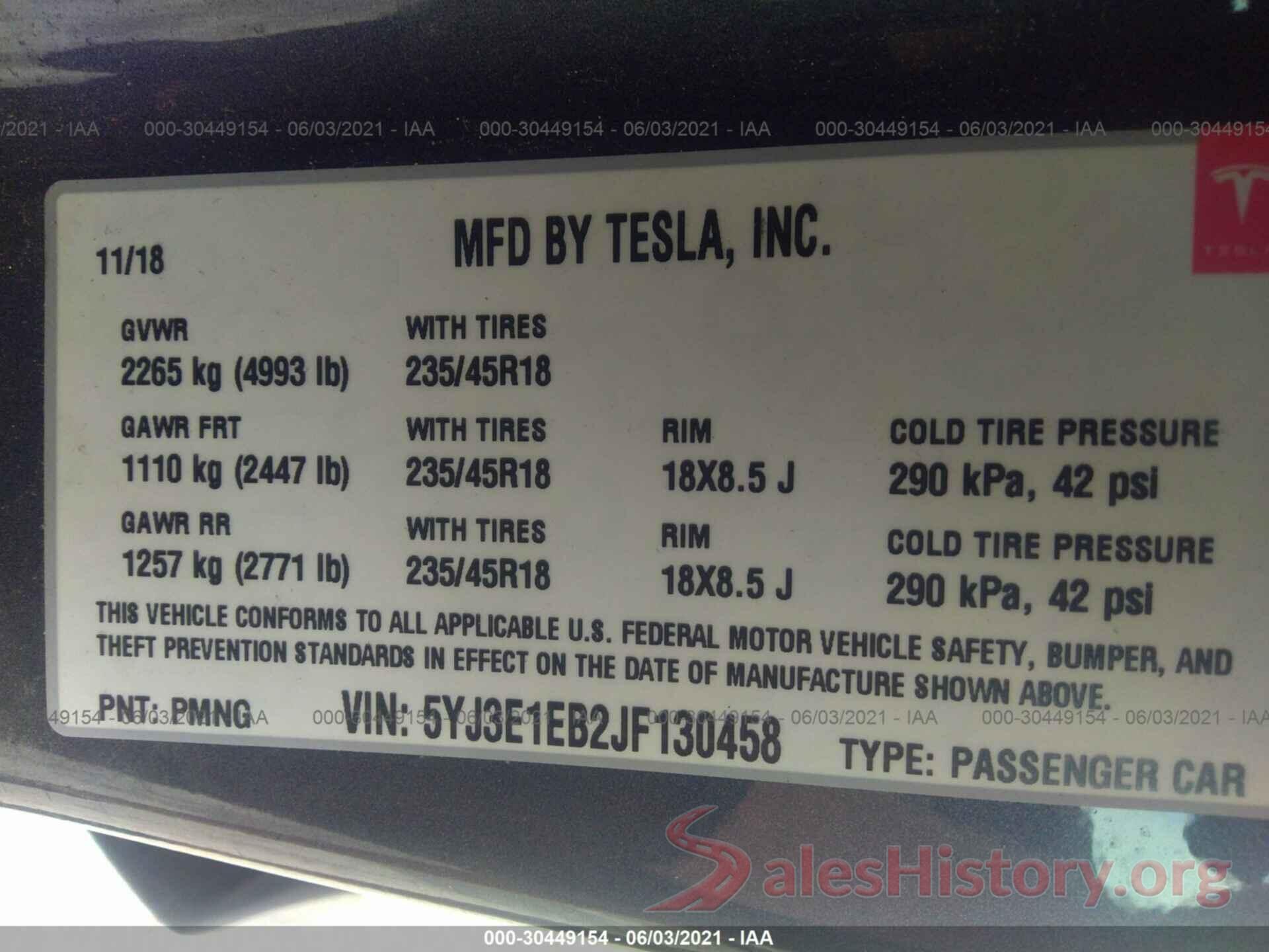 5YJ3E1EB2JF130458 2018 TESLA MODEL 3