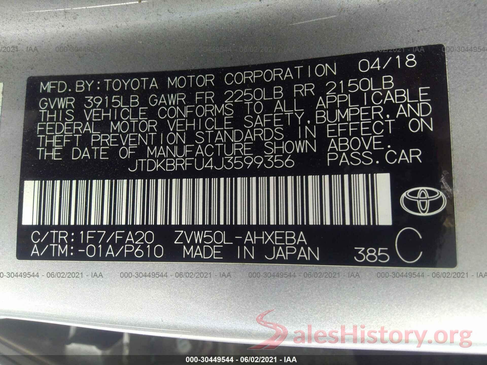 JTDKBRFU4J3599356 2018 TOYOTA PRIUS