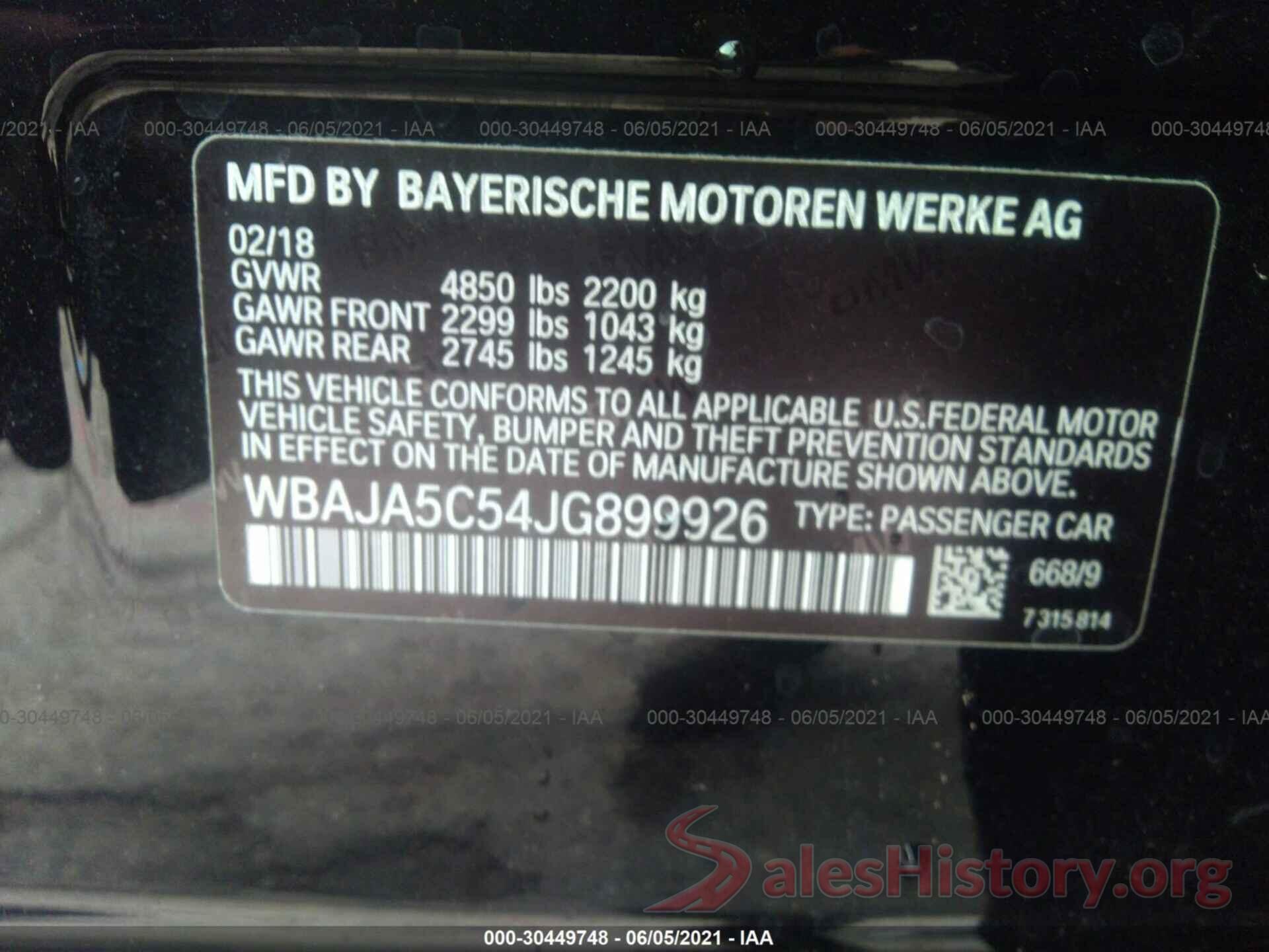 WBAJA5C54JG899926 2018 BMW 5 SERIES