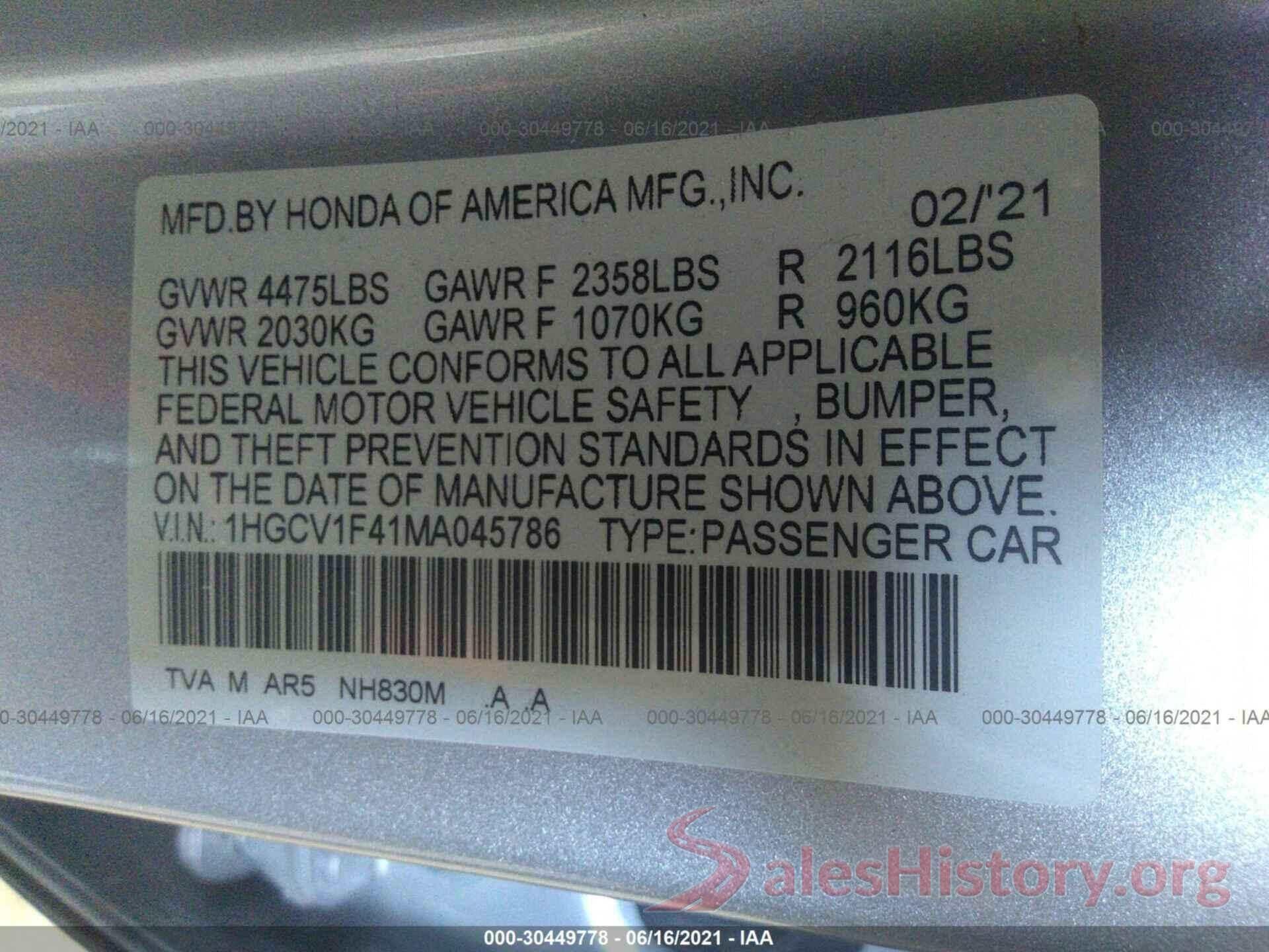 1HGCV1F41MA045786 2021 HONDA ACCORD SEDAN