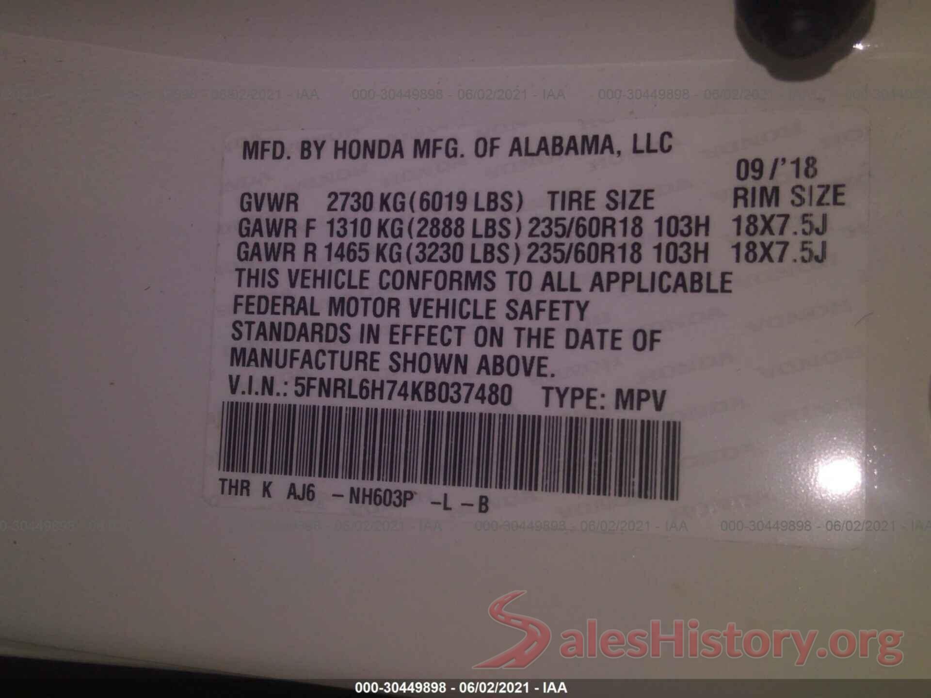 5FNRL6H74KB037480 2019 HONDA ODYSSEY