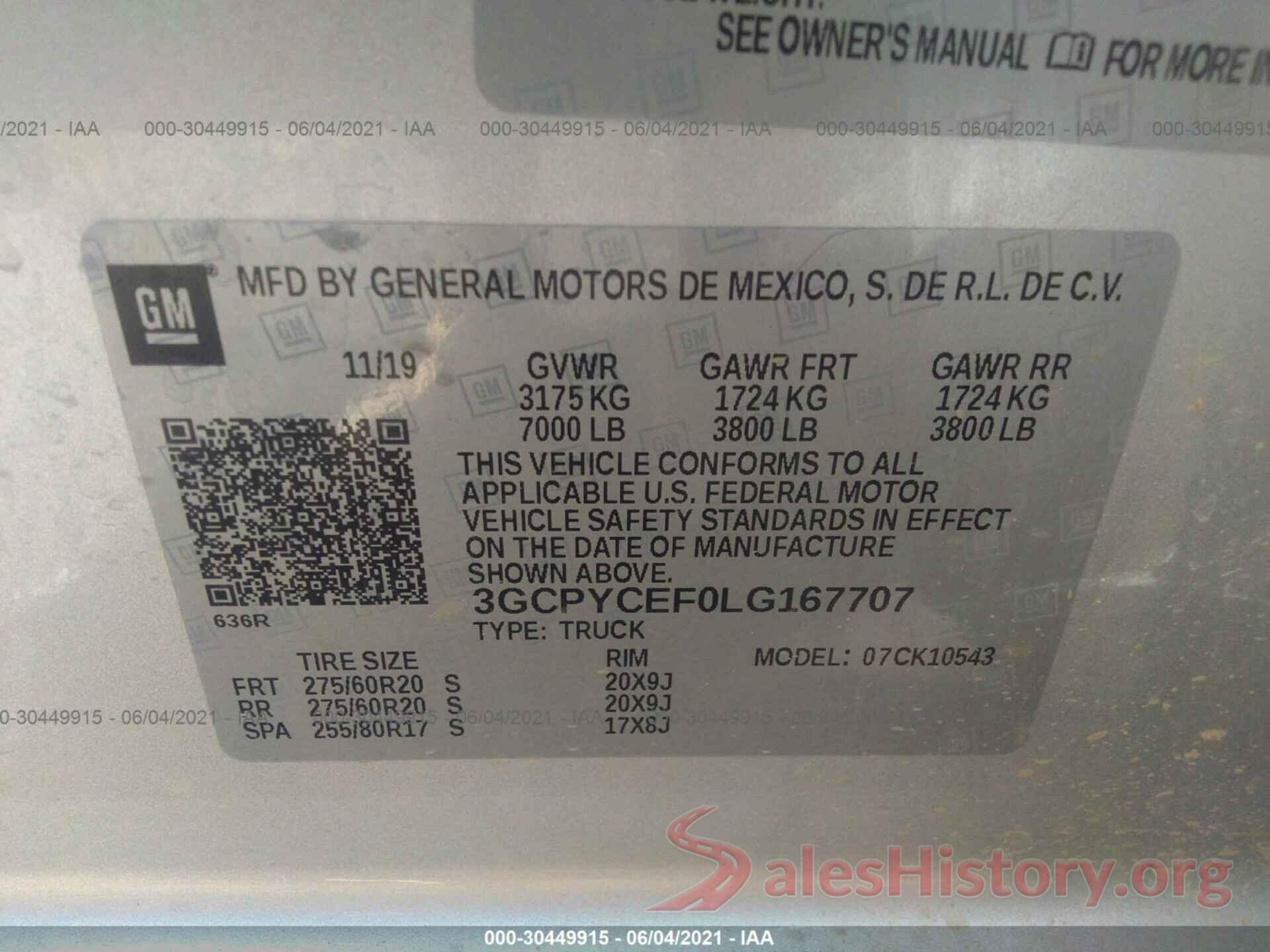 3GCPYCEF0LG167707 2020 CHEVROLET SILVERADO 1500