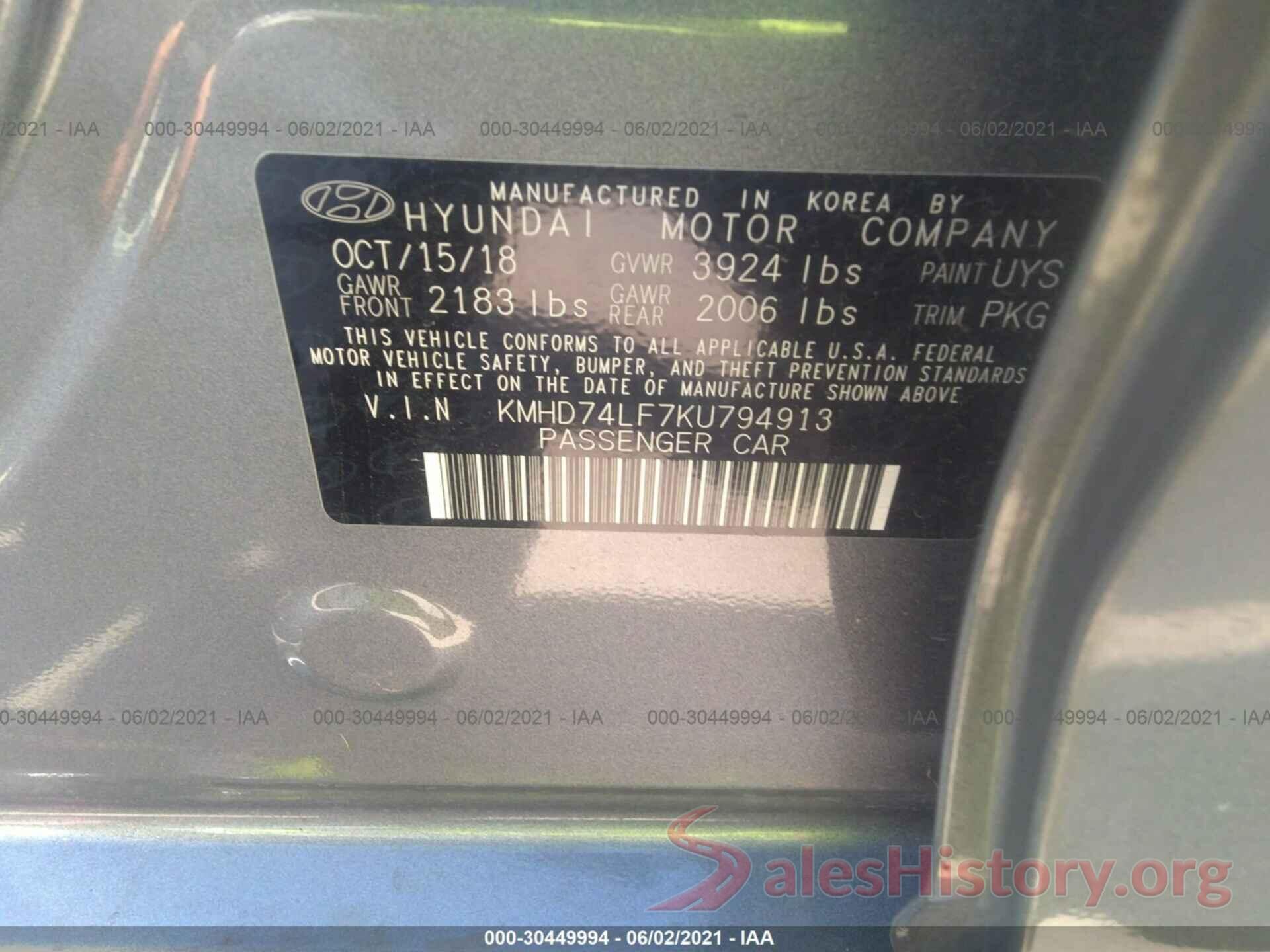 KMHD74LF7KU794913 2019 HYUNDAI ELANTRA