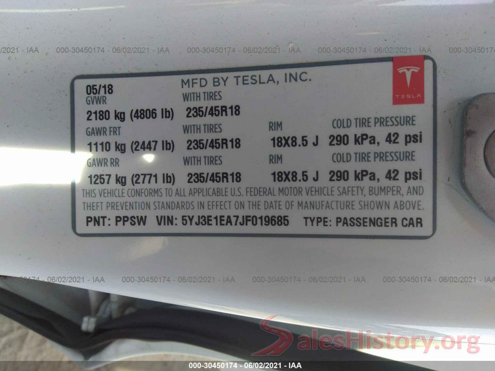 5YJ3E1EA7JF019685 2018 TESLA MODEL 3