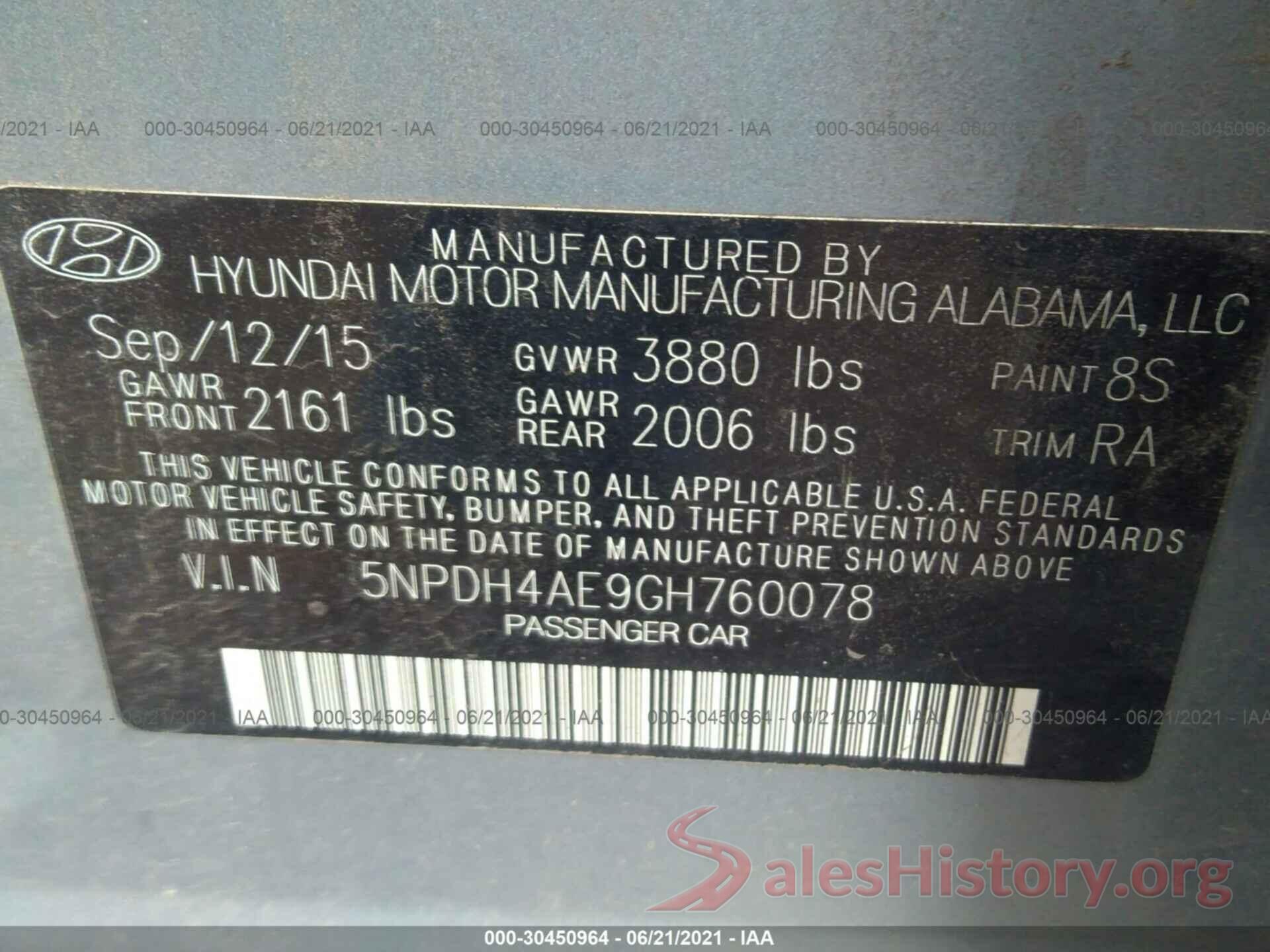 5NPDH4AE9GH760078 2016 HYUNDAI ELANTRA