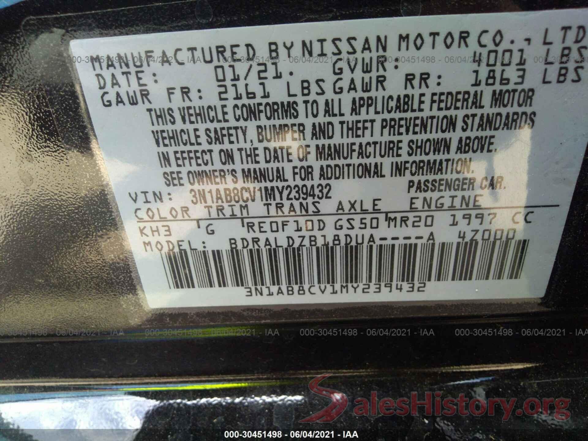 3N1AB8CV1MY239432 2021 NISSAN SENTRA