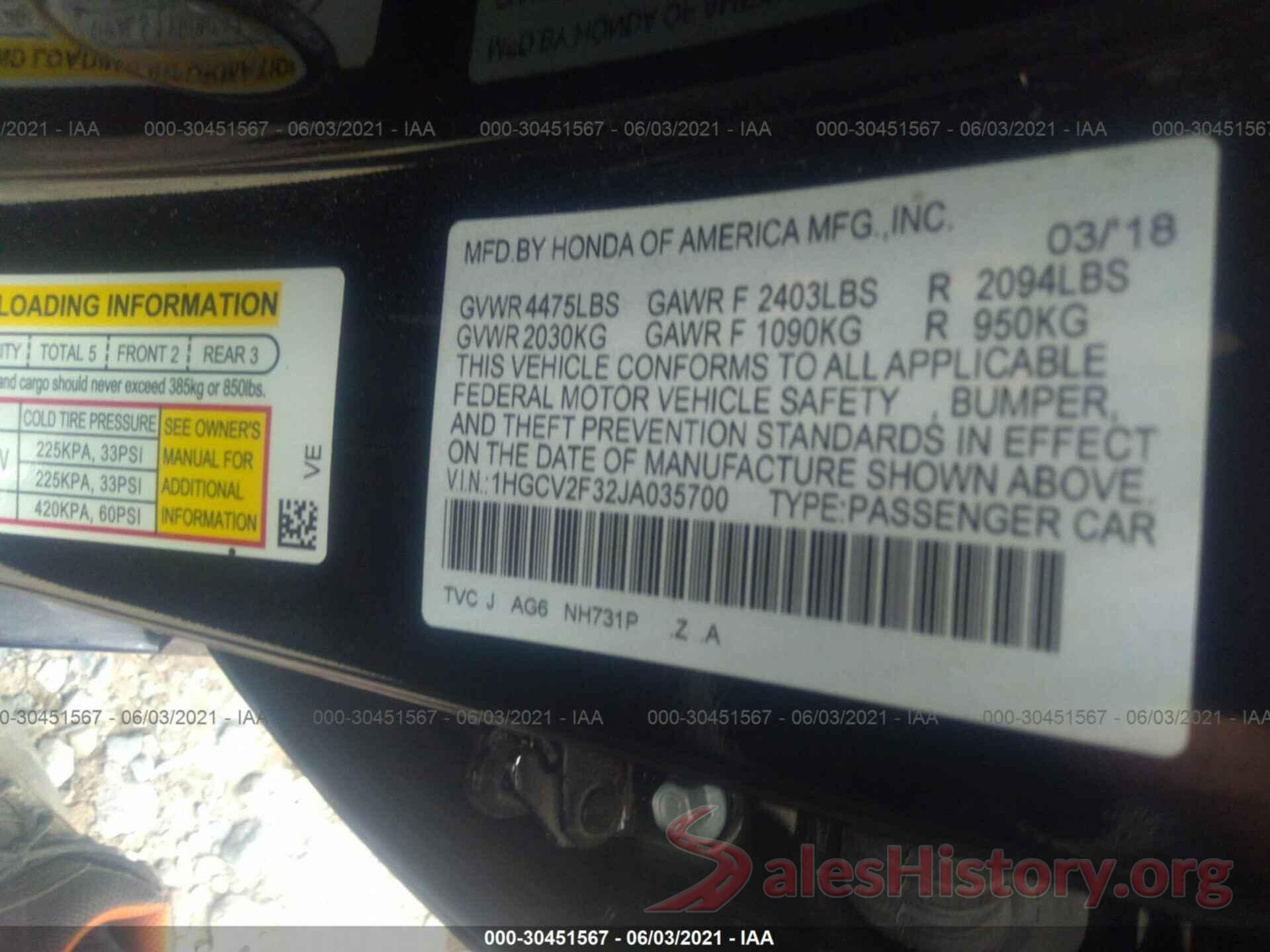 1HGCV2F32JA035700 2018 HONDA ACCORD SEDAN