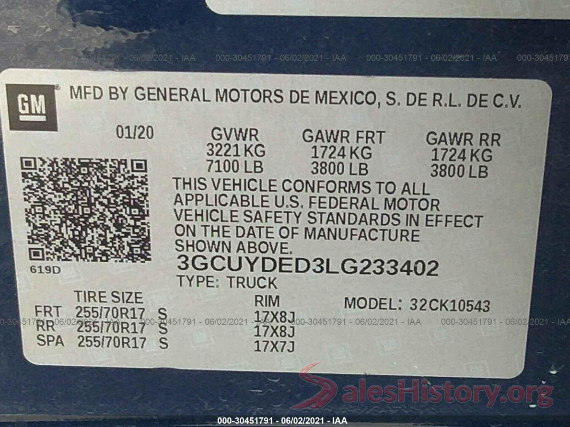 3GCUYDED3LG233402 2020 CHEVROLET SILVERADO 1500