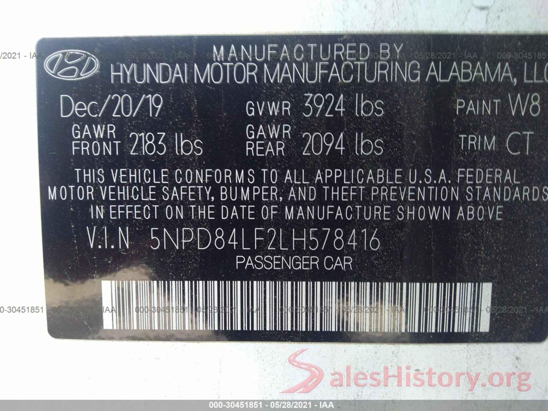 5NPD84LF2LH578416 2020 HYUNDAI ELANTRA