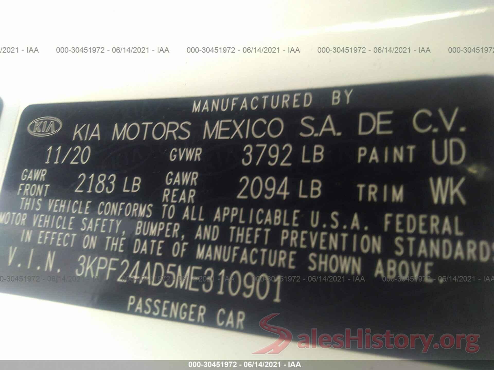 3KPF24AD5ME310901 2021 KIA FORTE