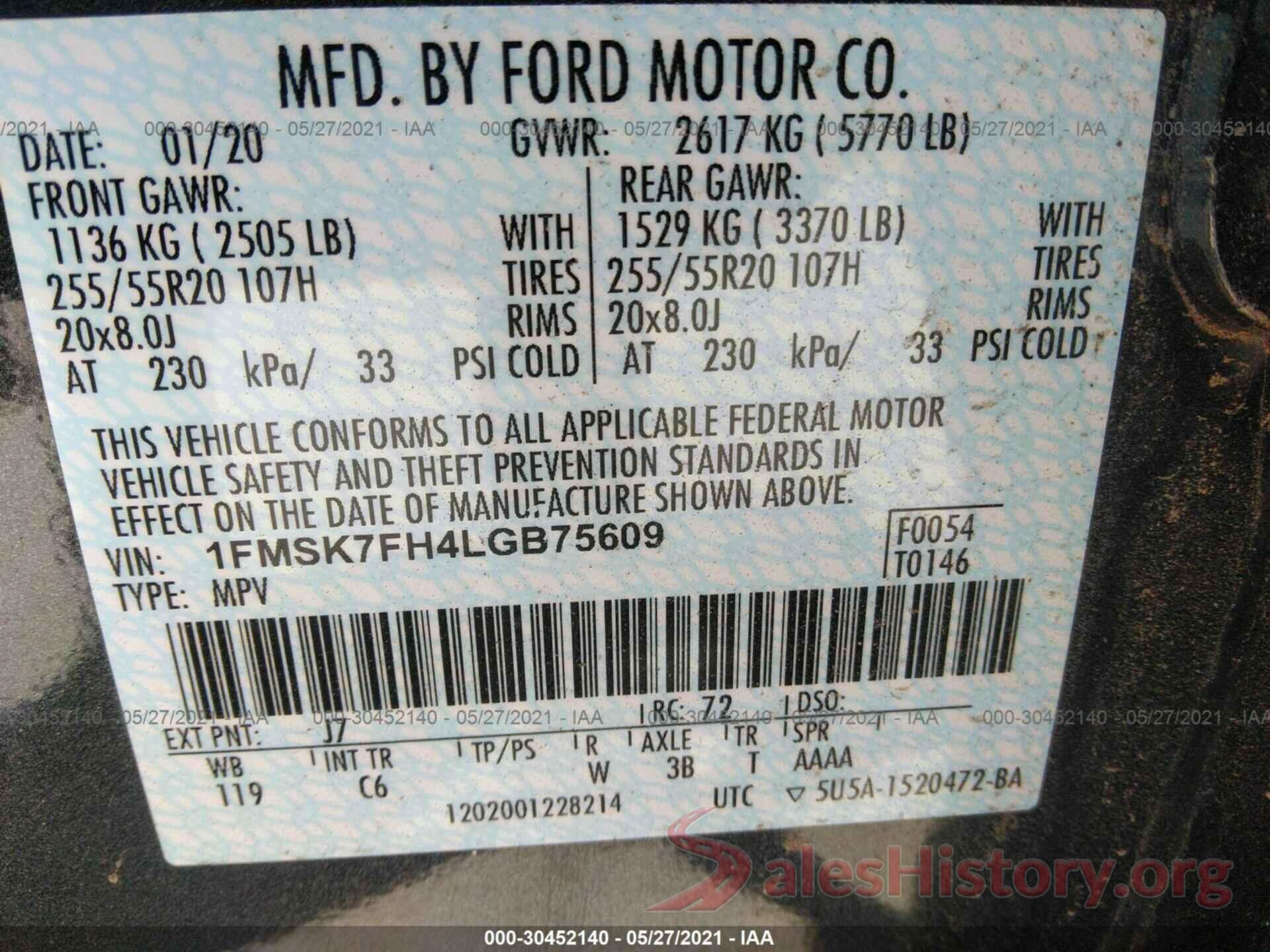 1FMSK7FH4LGB75609 2020 FORD EXPLORER