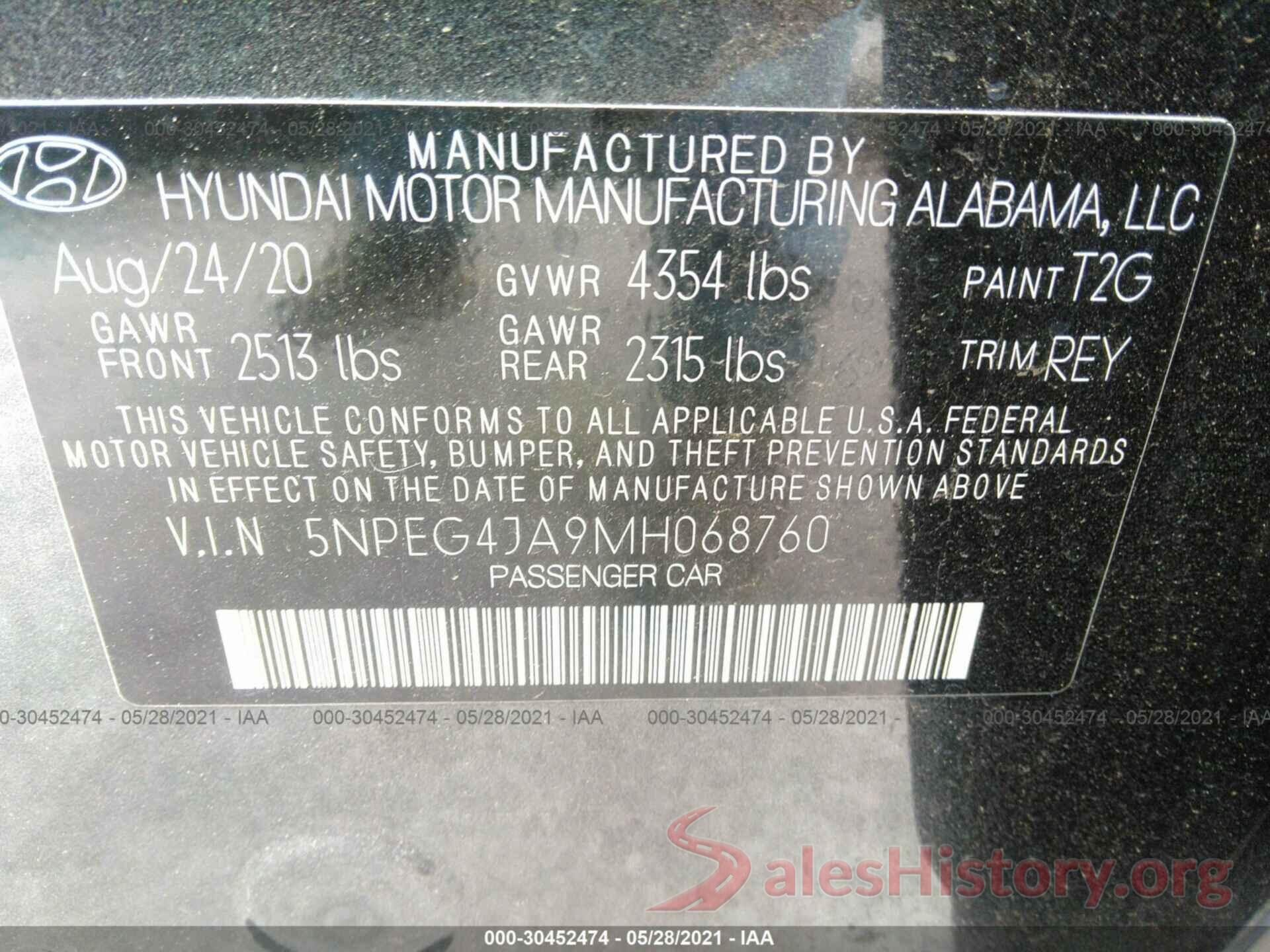 5NPEG4JA9MH068760 2021 HYUNDAI SONATA