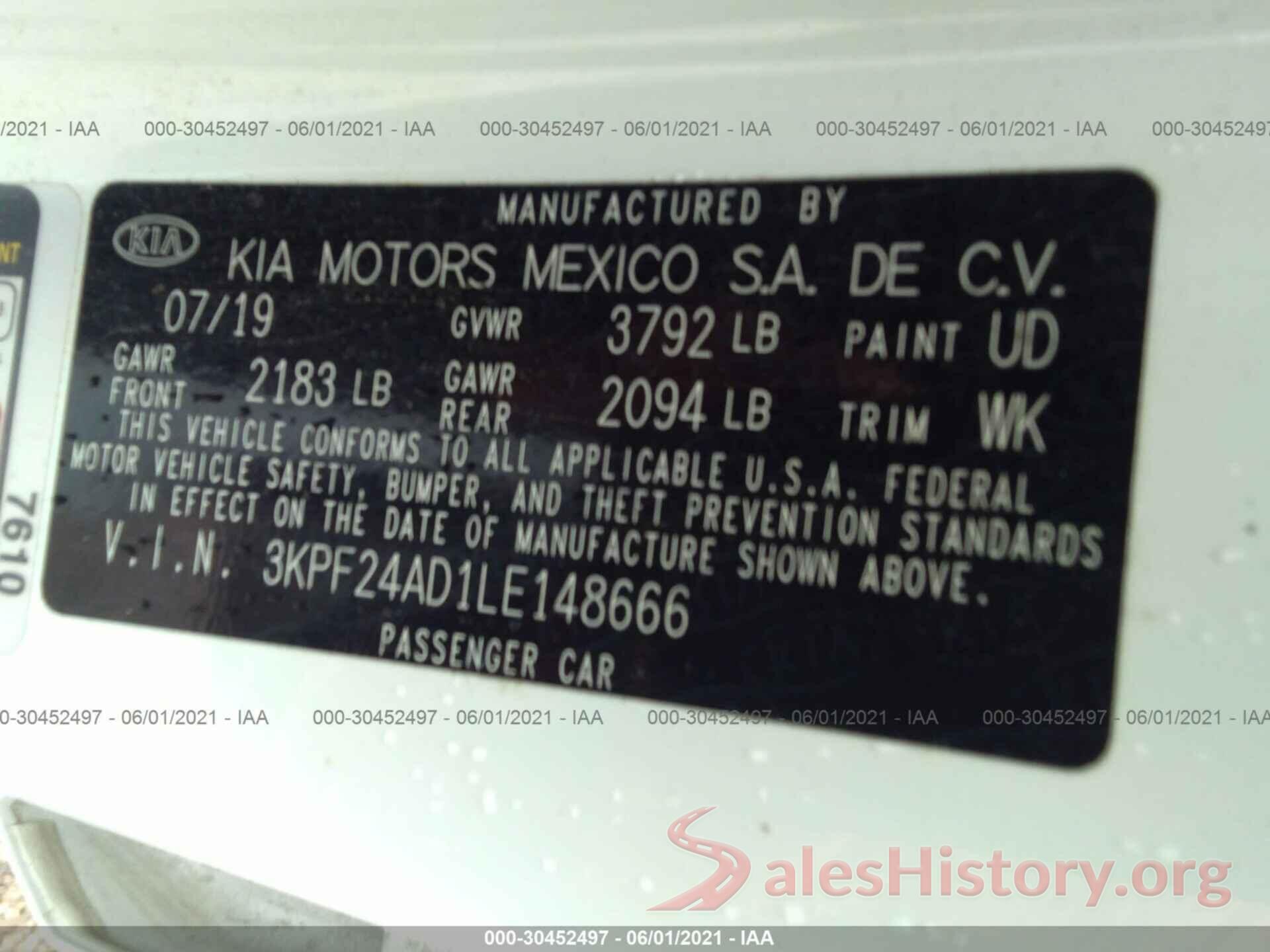 3KPF24AD1LE148666 2020 KIA FORTE