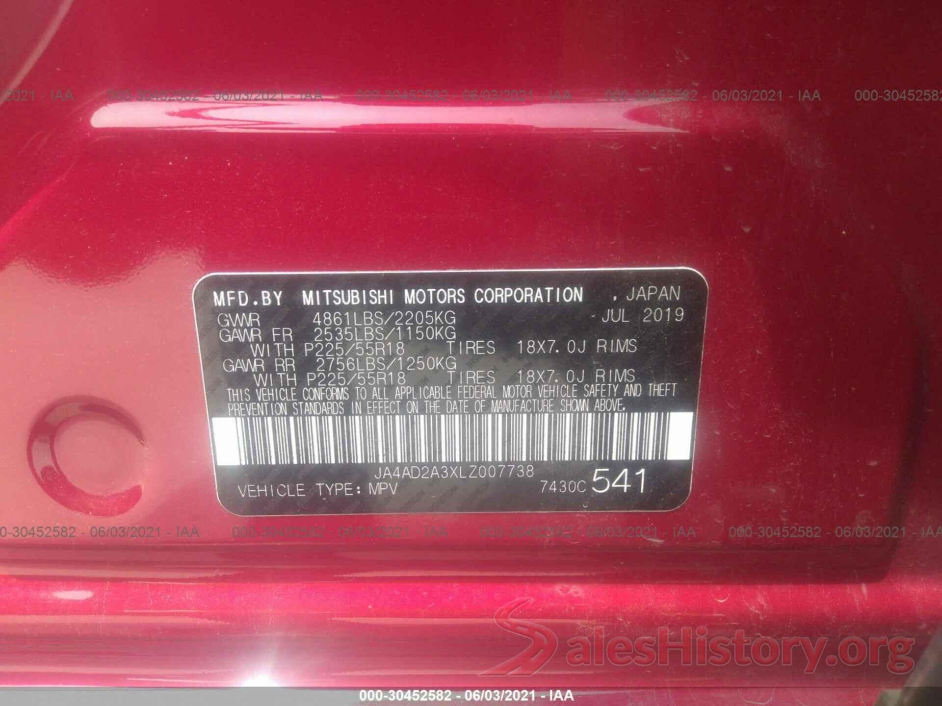 JA4AD2A3XLZ007738 2020 MITSUBISHI OUTLANDER