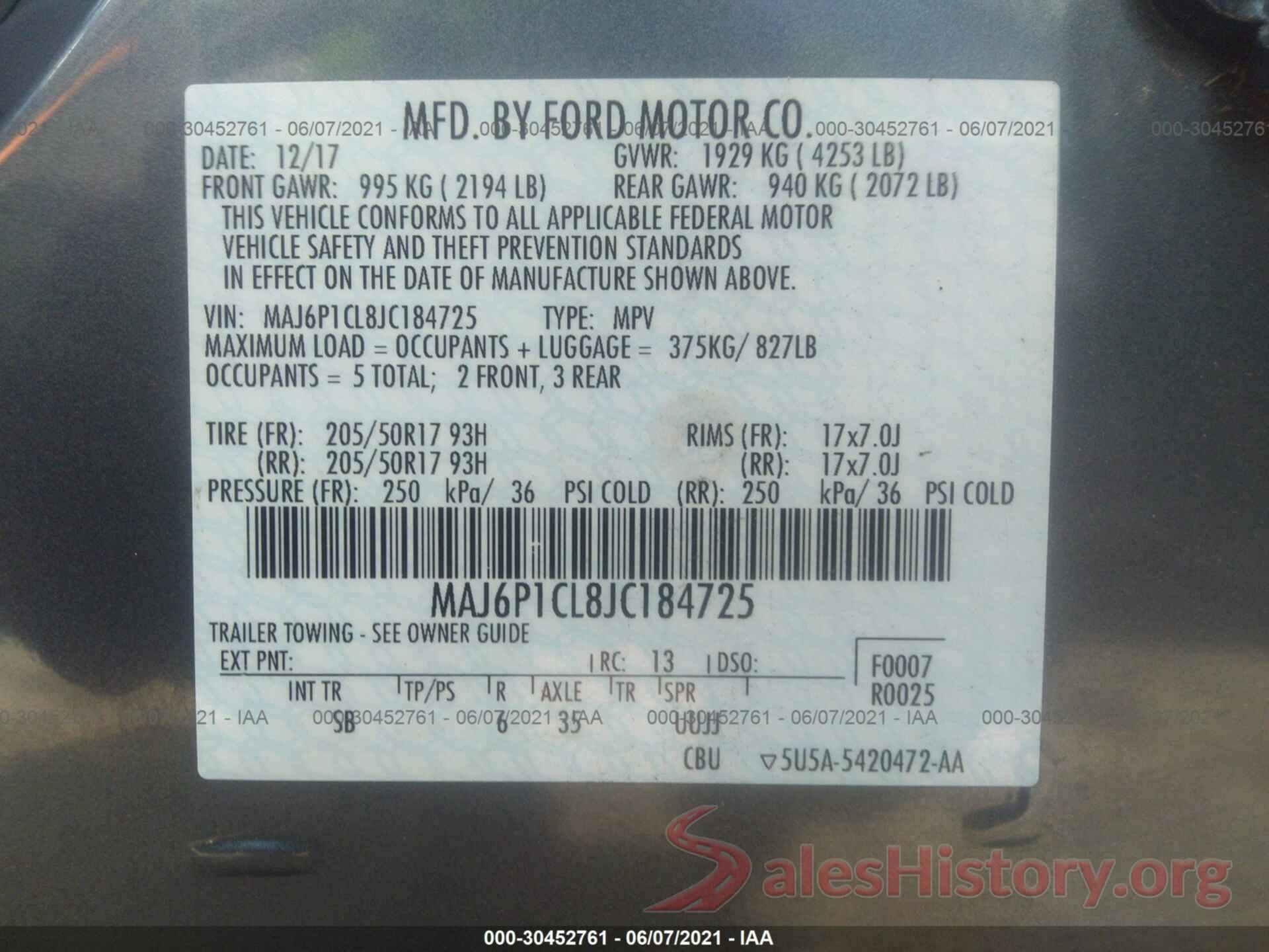 MAJ6P1CL8JC184725 2018 FORD ECOSPORT