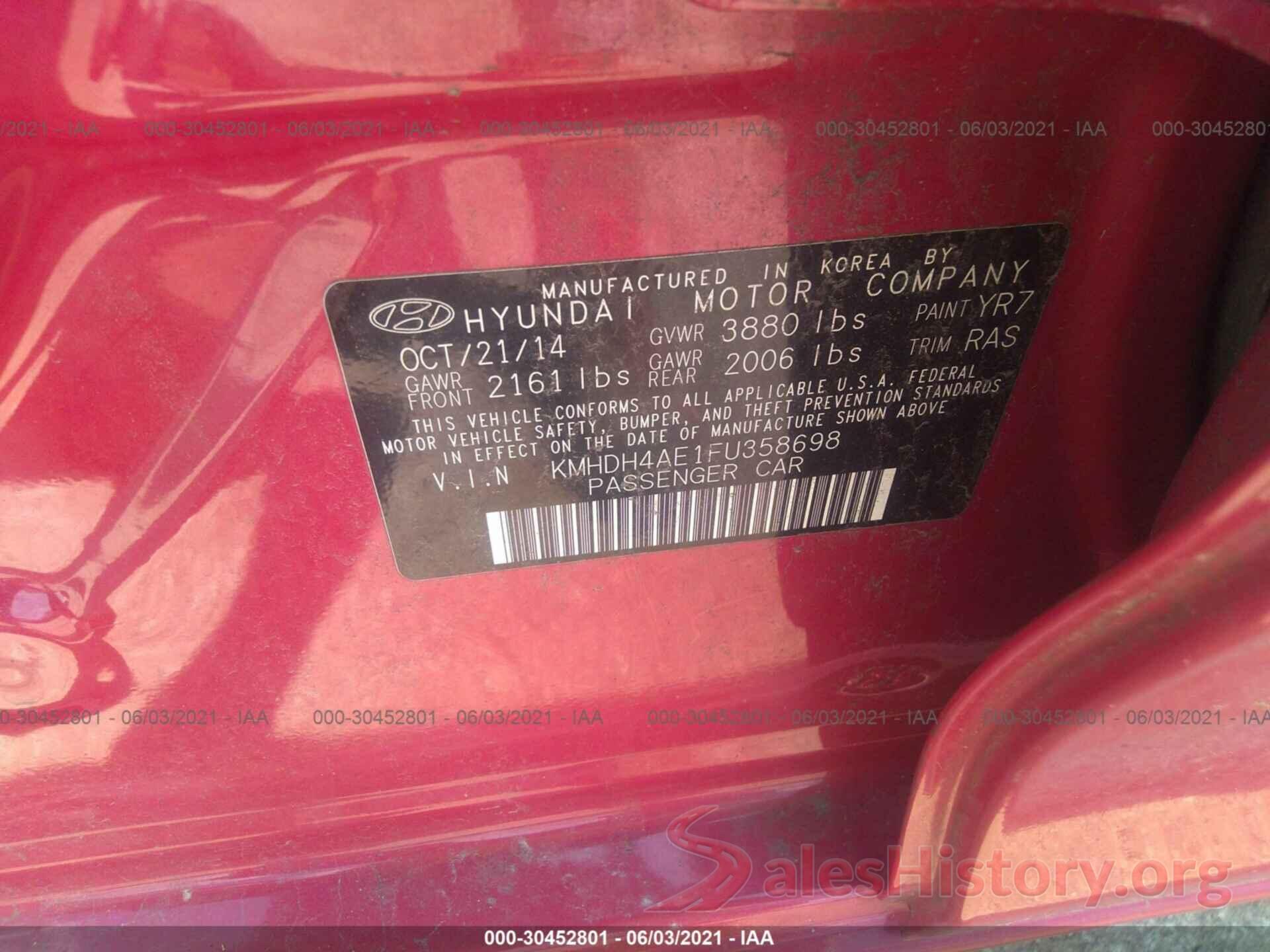 KMHDH4AE1FU358698 2015 HYUNDAI ELANTRA