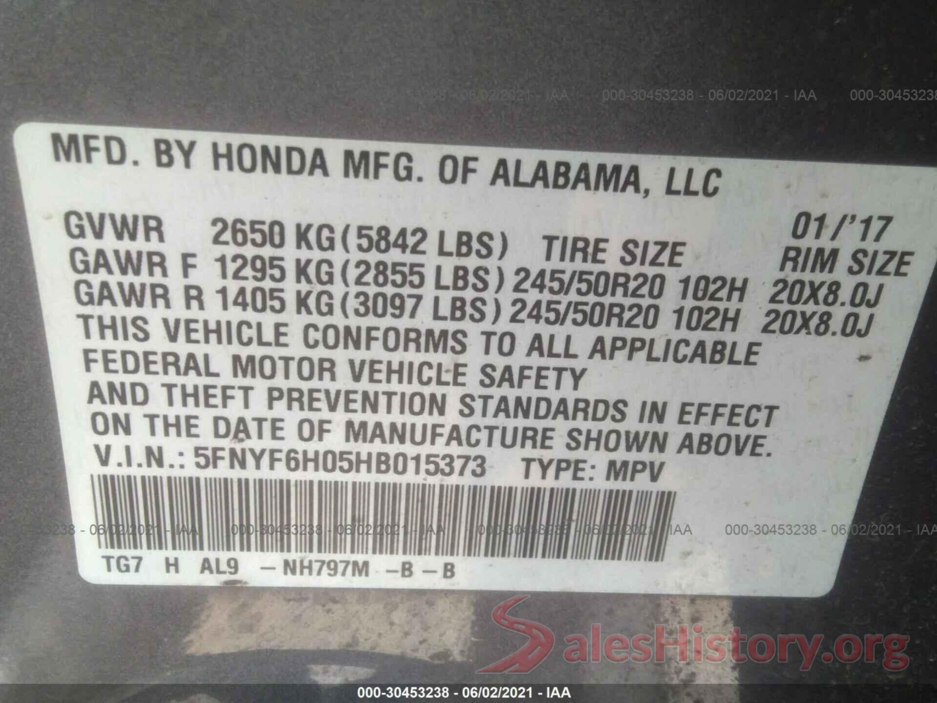 5FNYF6H05HB015373 2017 HONDA PILOT