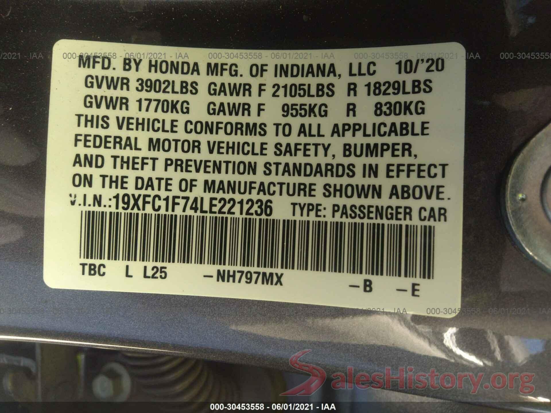 19XFC1F74LE221236 2020 HONDA CIVIC SEDAN