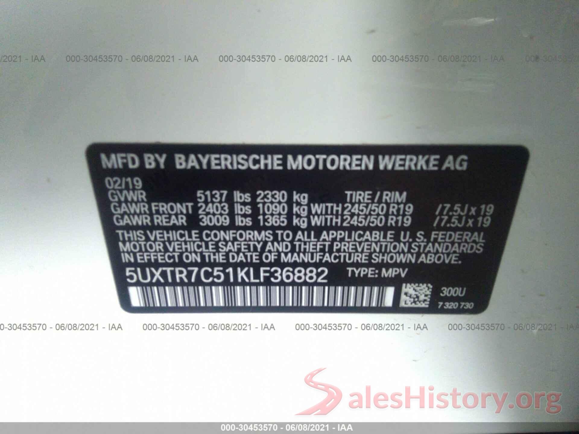 5UXTR7C51KLF36882 2019 BMW X3