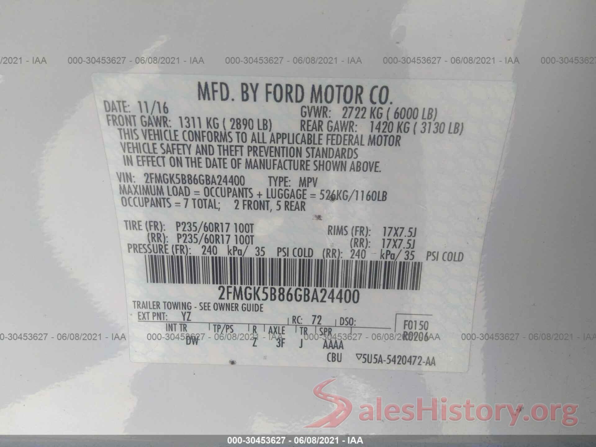 2FMGK5B86GBA24400 2016 FORD FLEX