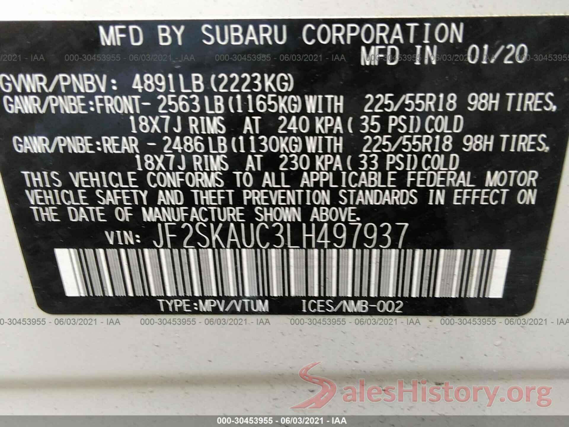 JF2SKAUC3LH497937 2020 SUBARU FORESTER