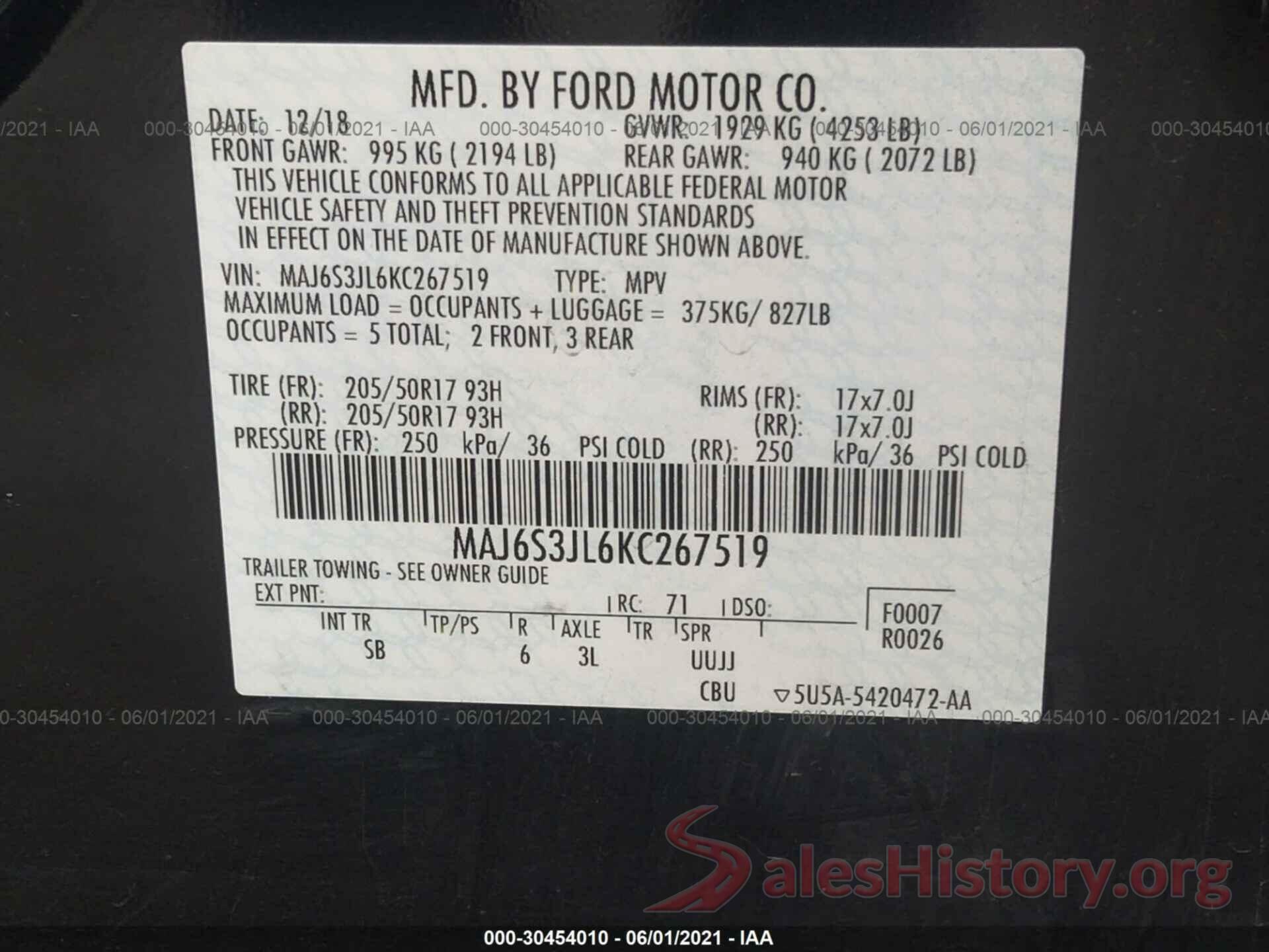 MAJ6S3JL6KC267519 2019 FORD ECOSPORT