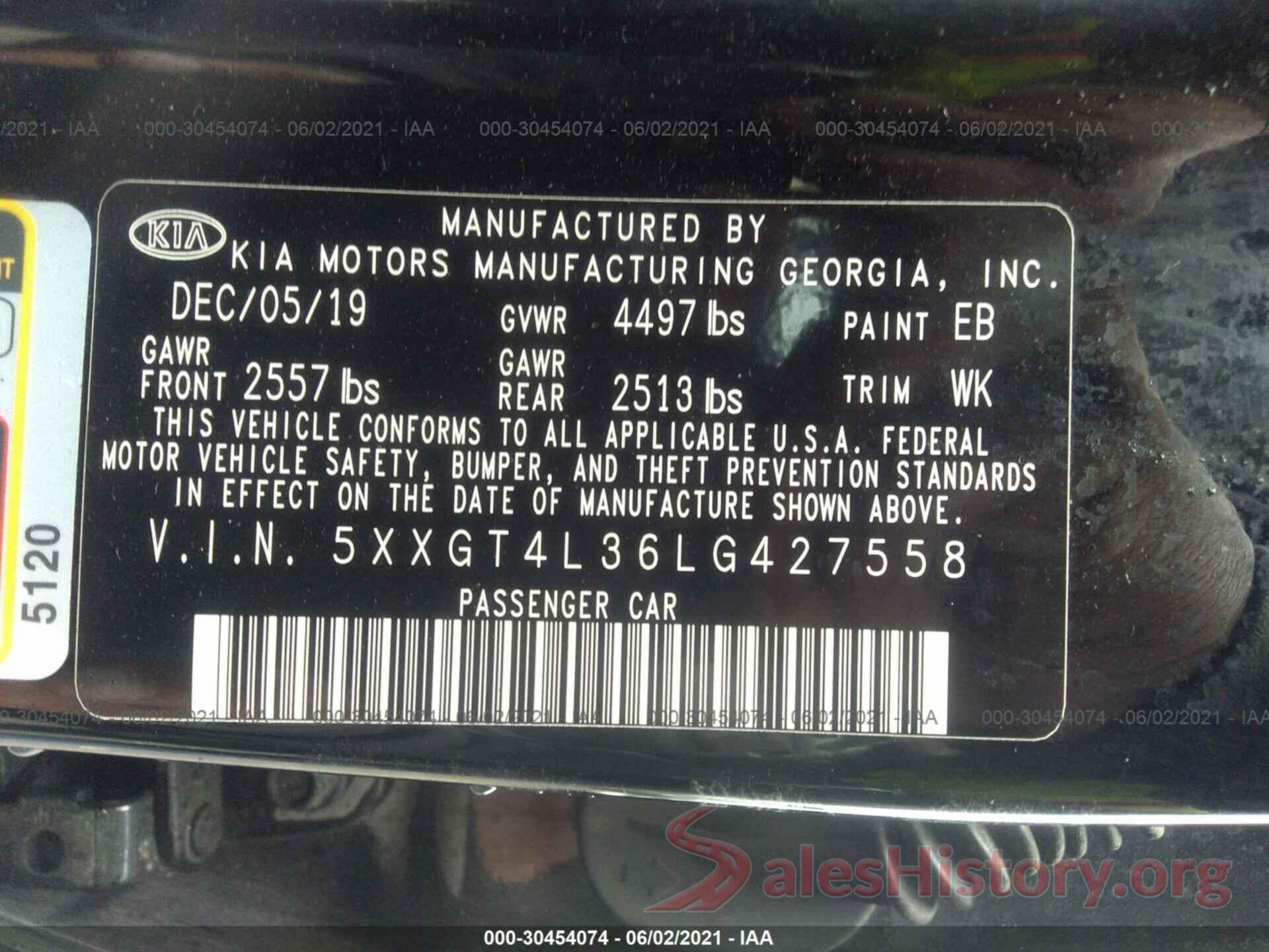 5XXGT4L36LG427558 2020 KIA OPTIMA