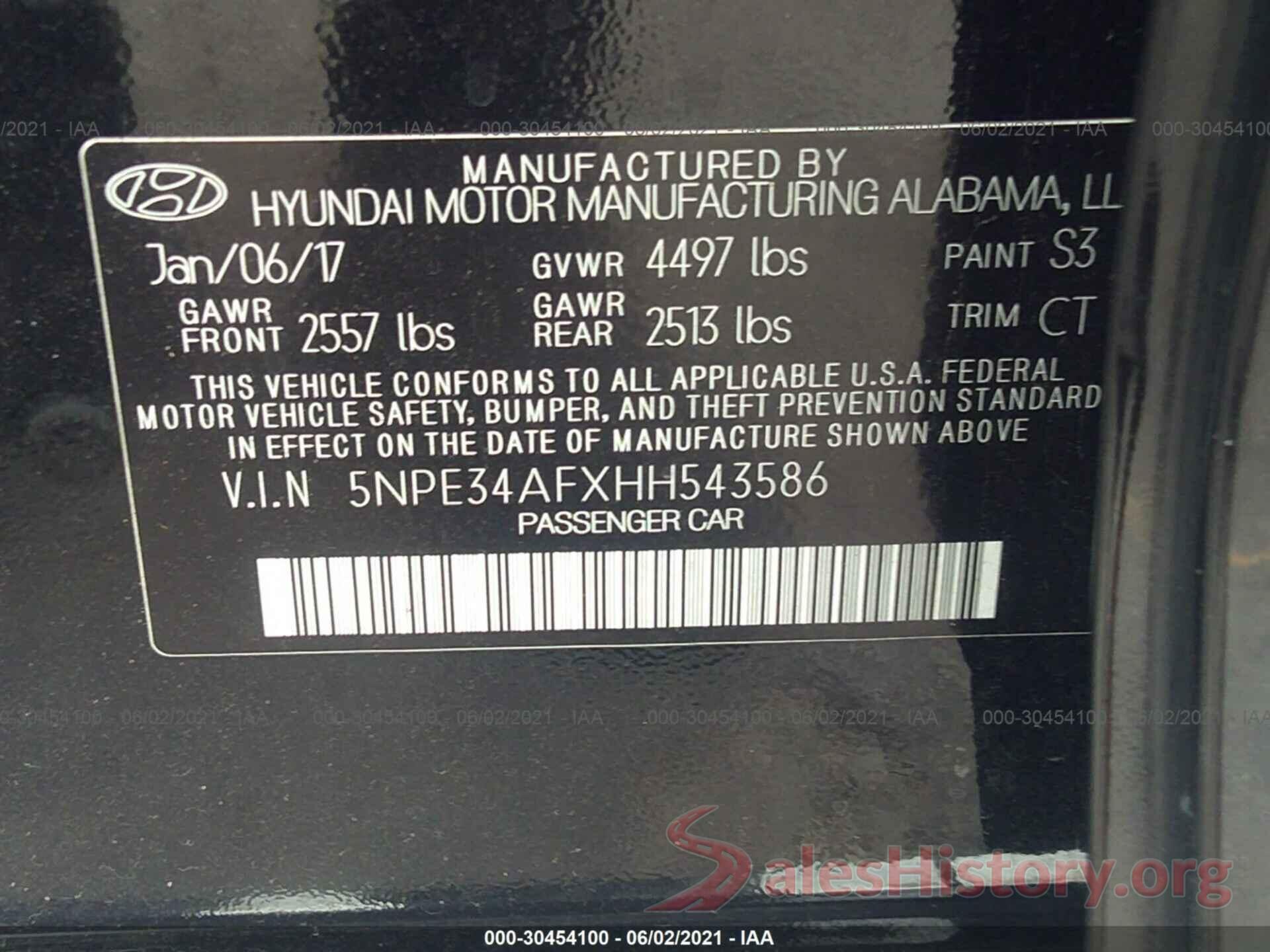 5NPE34AFXHH543586 2017 HYUNDAI SONATA