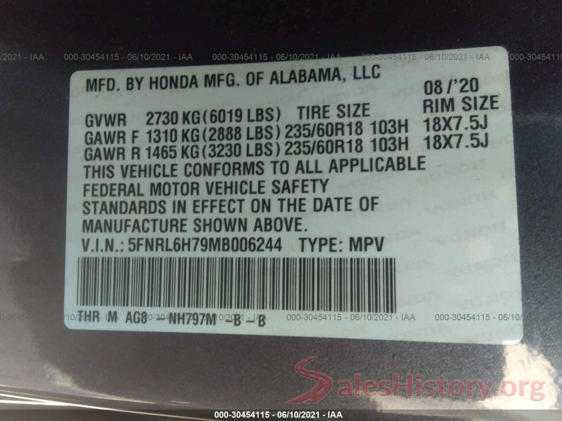 5FNRL6H79MB006244 2021 HONDA ODYSSEY