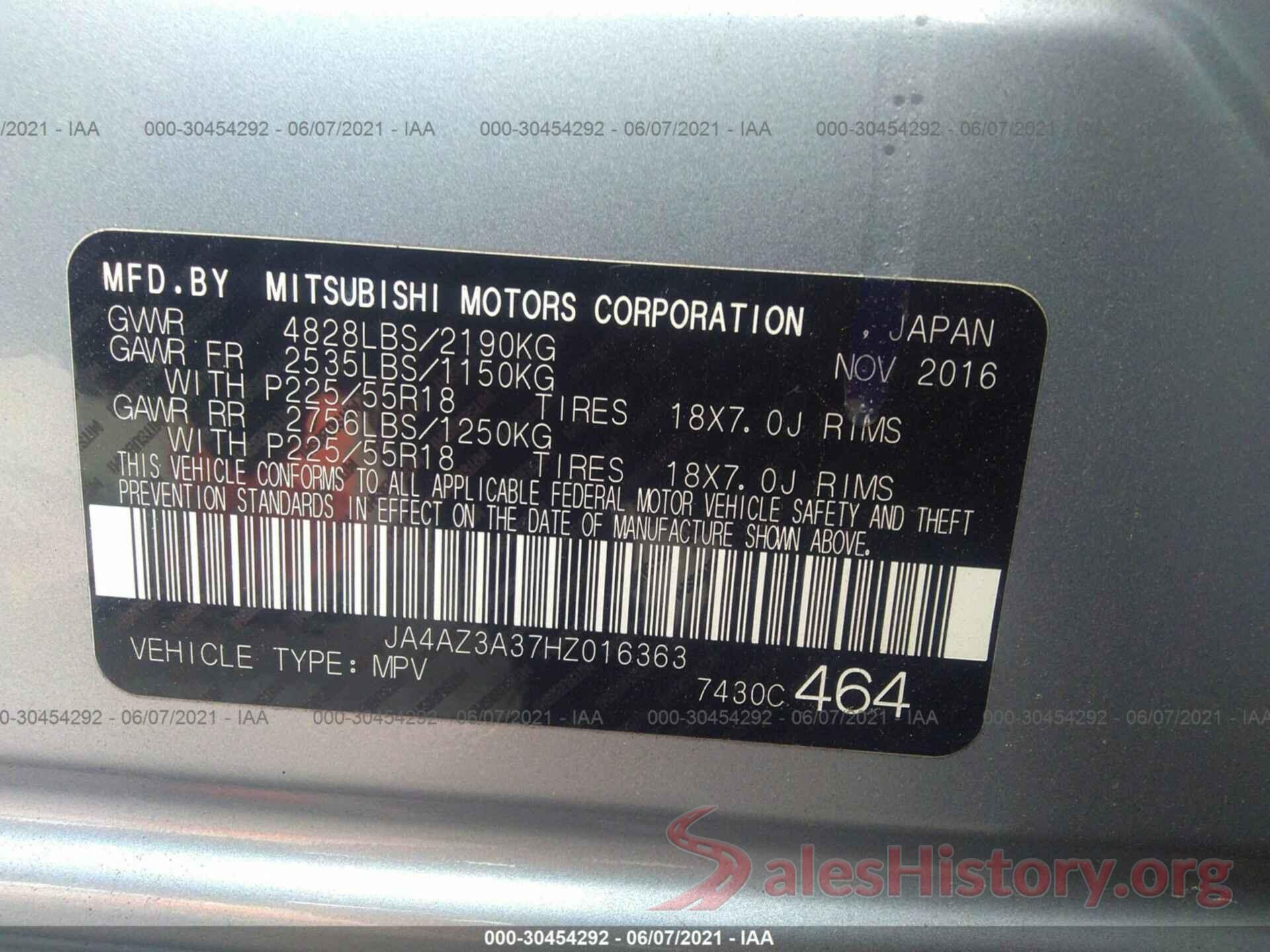 JA4AZ3A37HZ016363 2017 MITSUBISHI OUTLANDER