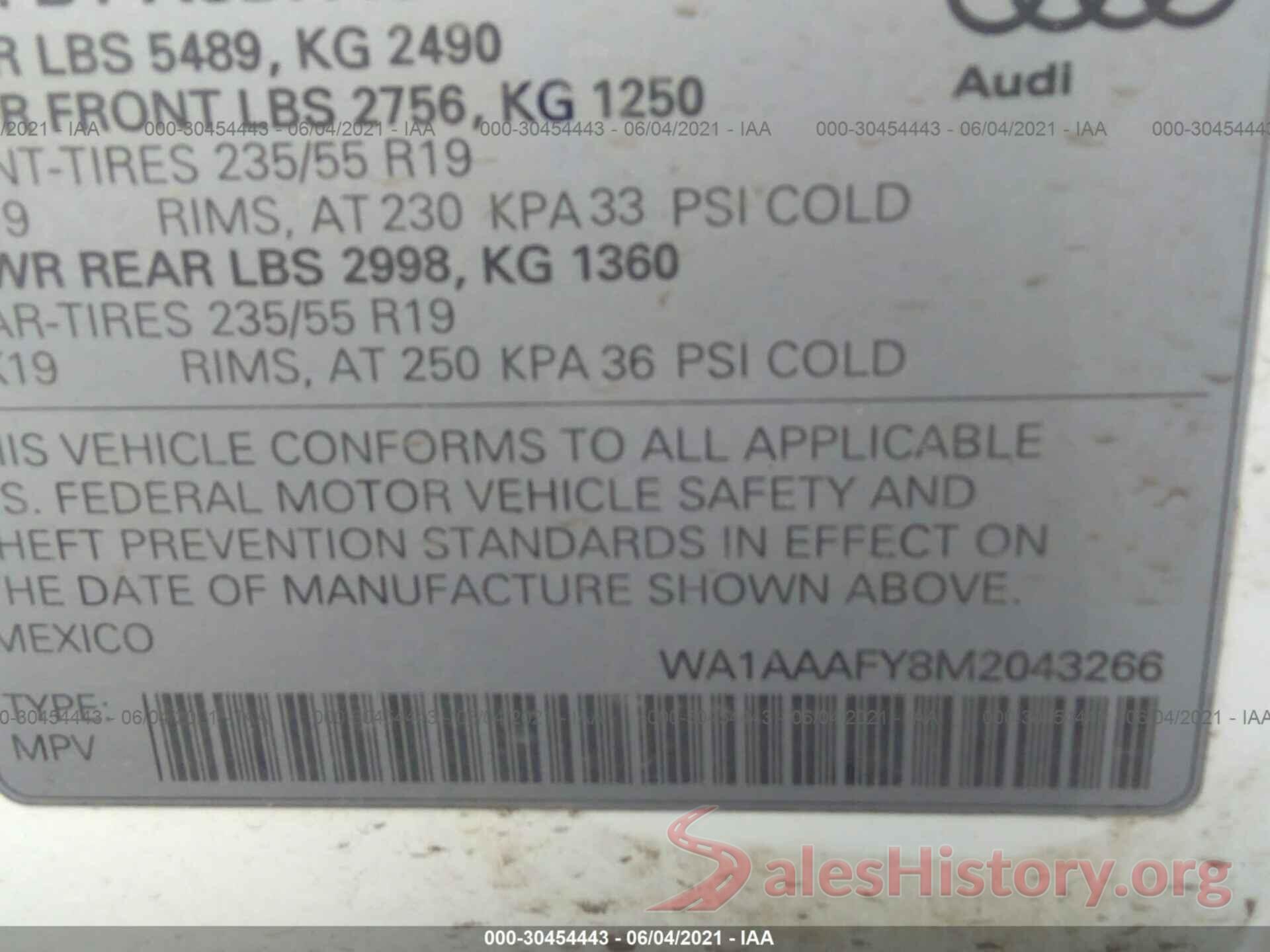 WA1AAAFY8M2043266 2021 AUDI Q5