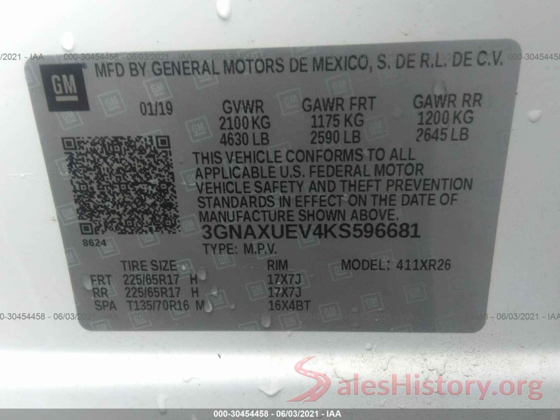 3GNAXUEV4KS596681 2019 CHEVROLET EQUINOX