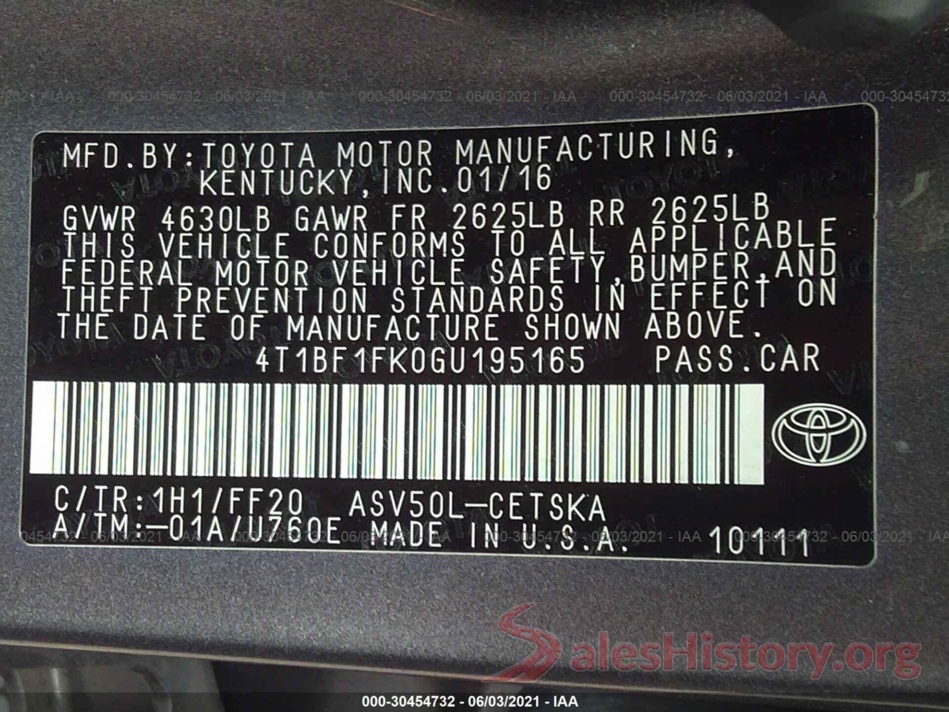 4T1BF1FK0GU195165 2016 TOYOTA CAMRY