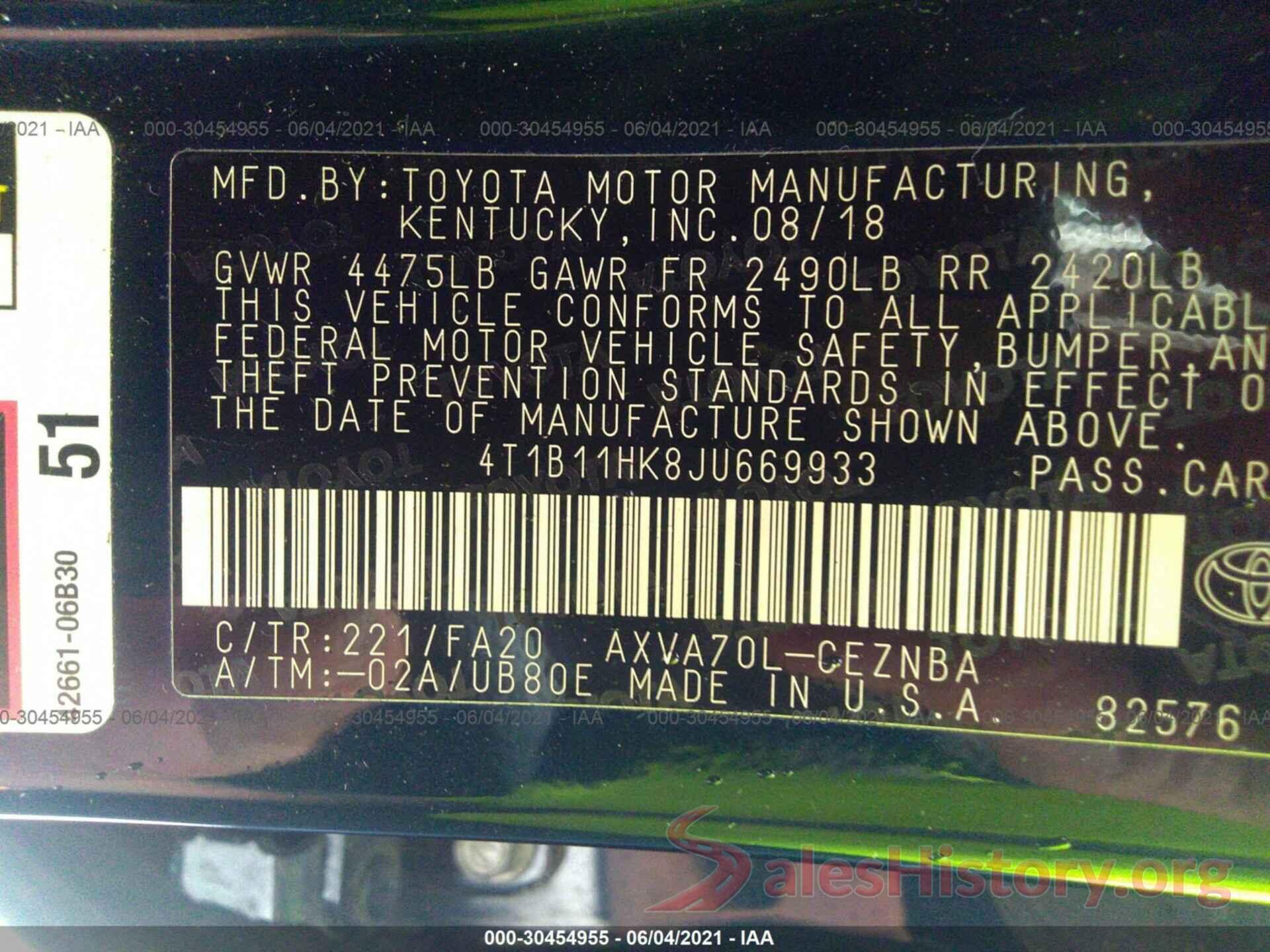 4T1B11HK8JU669933 2018 TOYOTA CAMRY