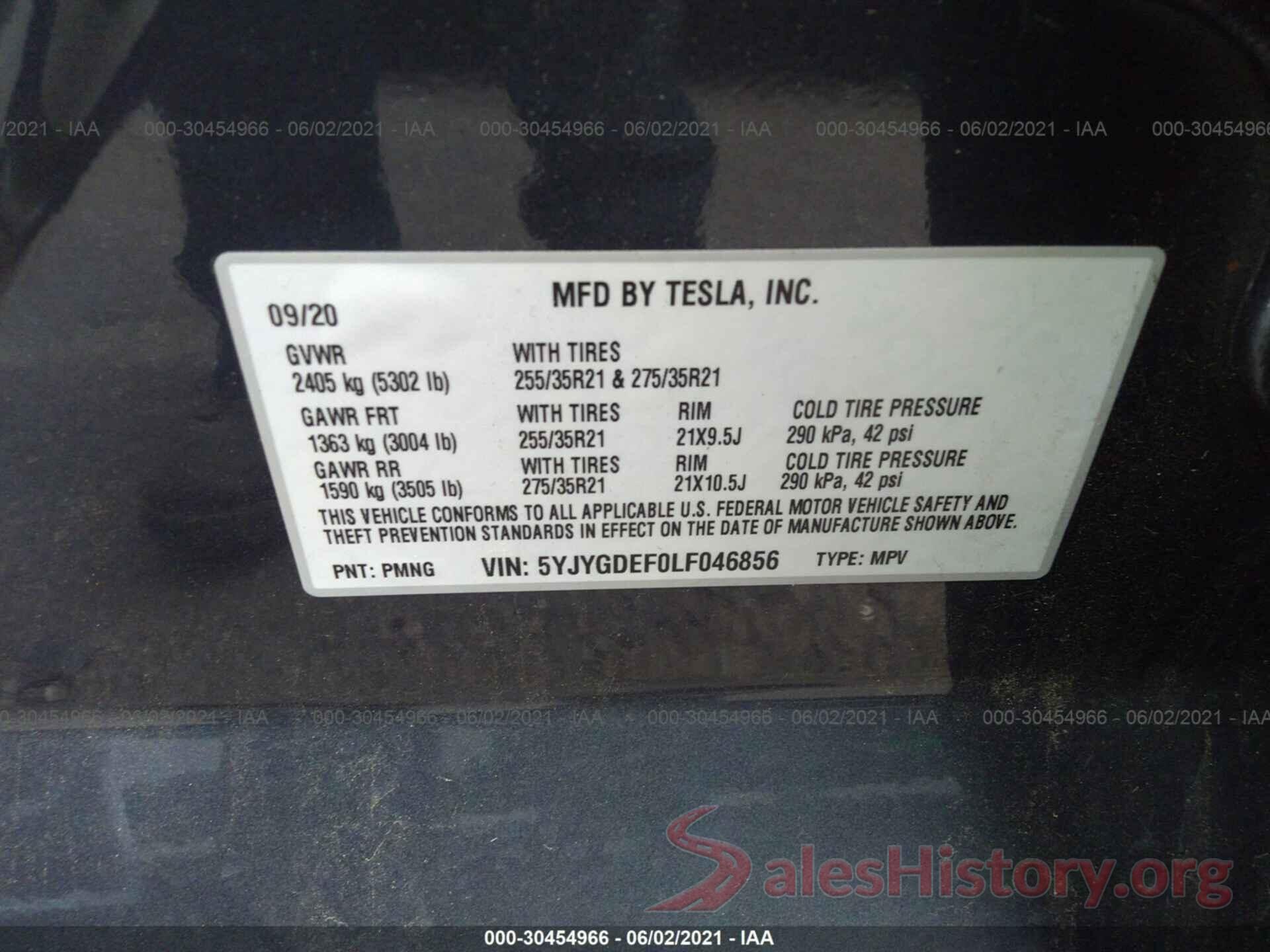 5YJYGDEF0LF046856 2020 TESLA MODEL Y