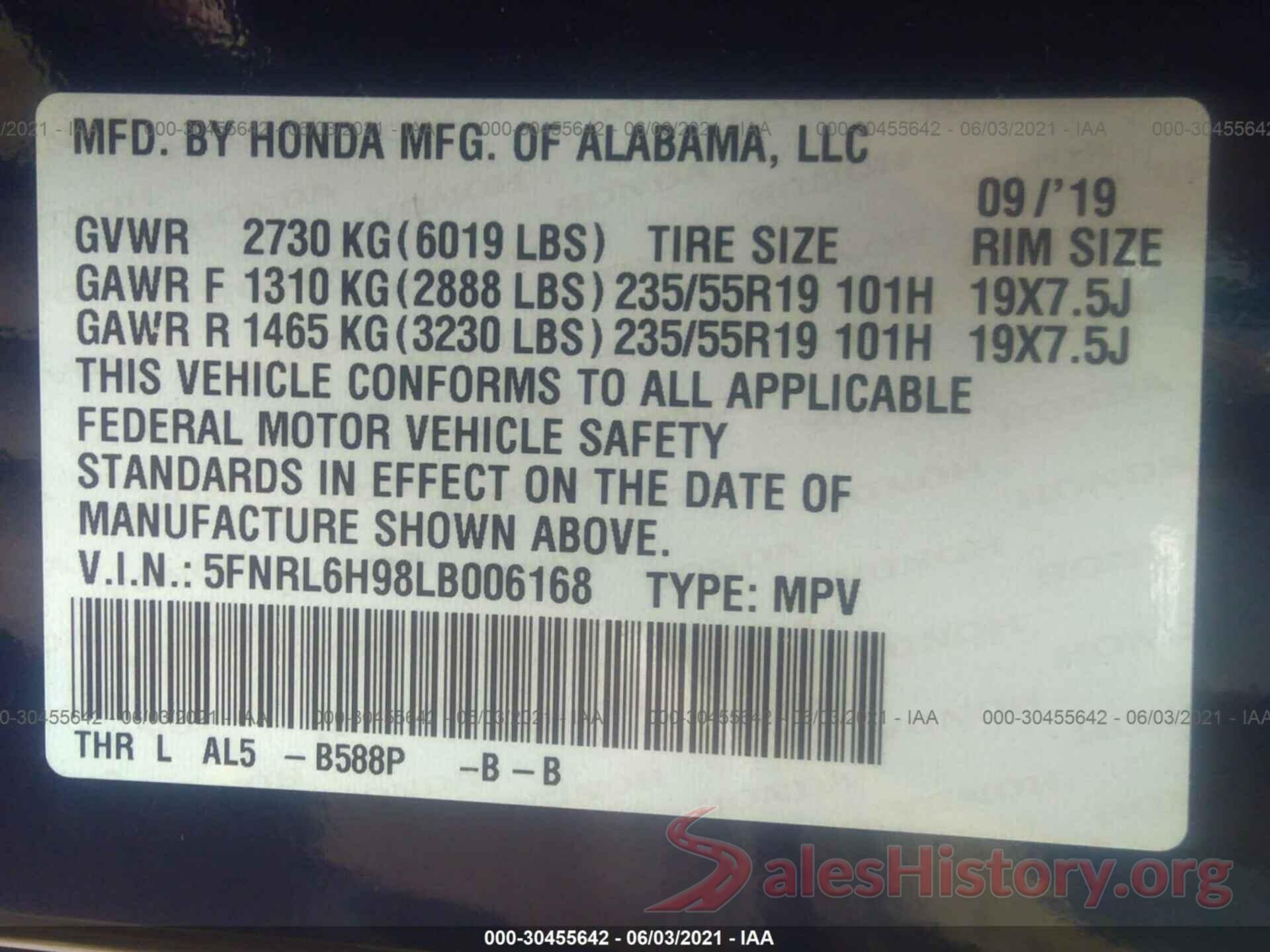 5FNRL6H98LB006168 2020 HONDA ODYSSEY