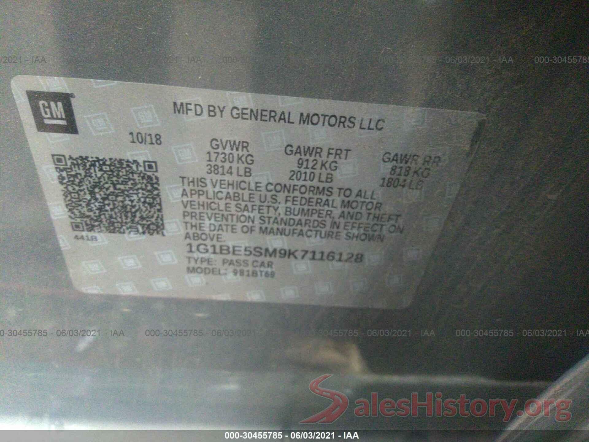 1G1BE5SM9K7116128 2019 CHEVROLET CRUZE