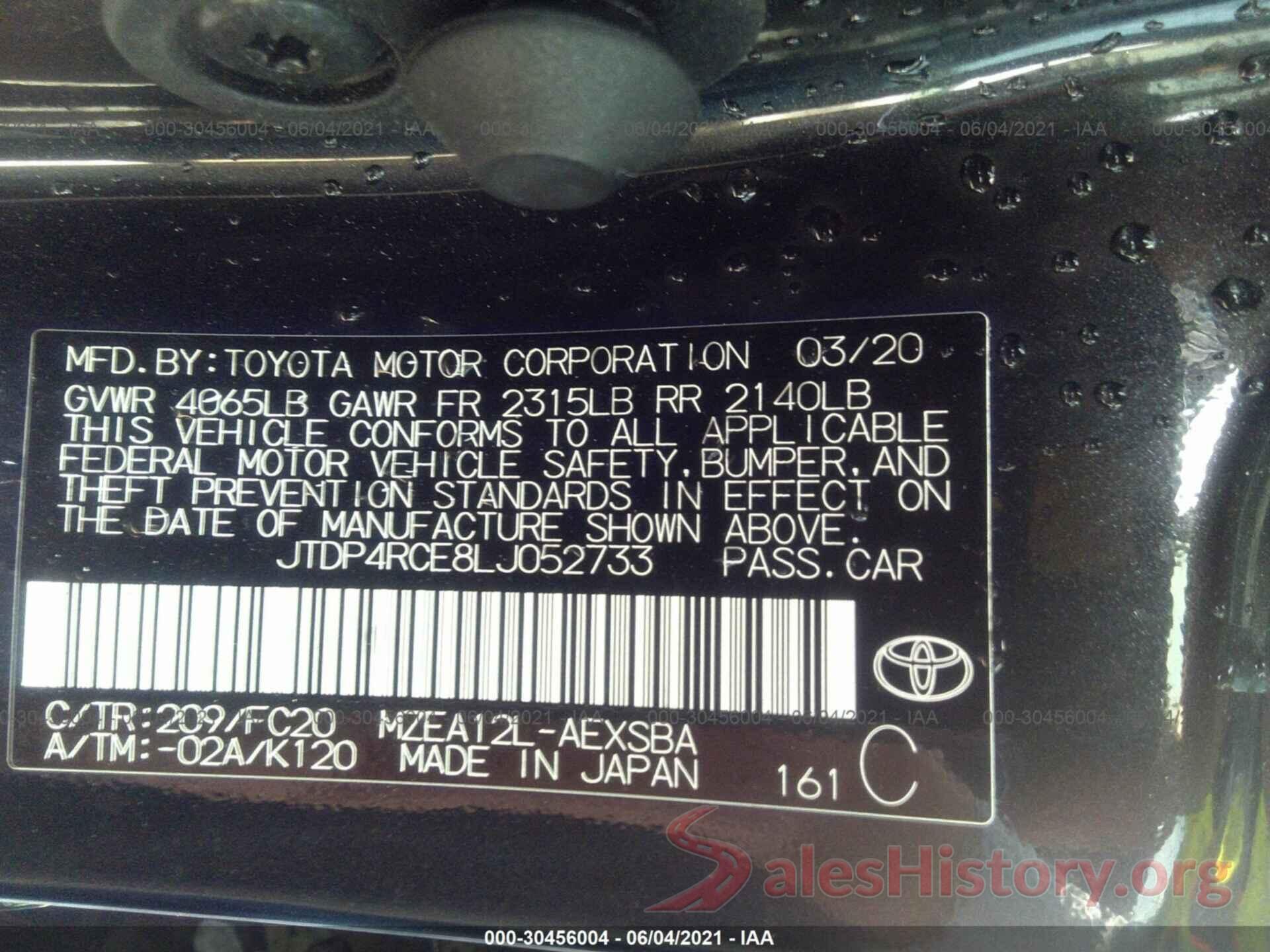 JTDP4RCE8LJ052733 2020 TOYOTA COROLLA