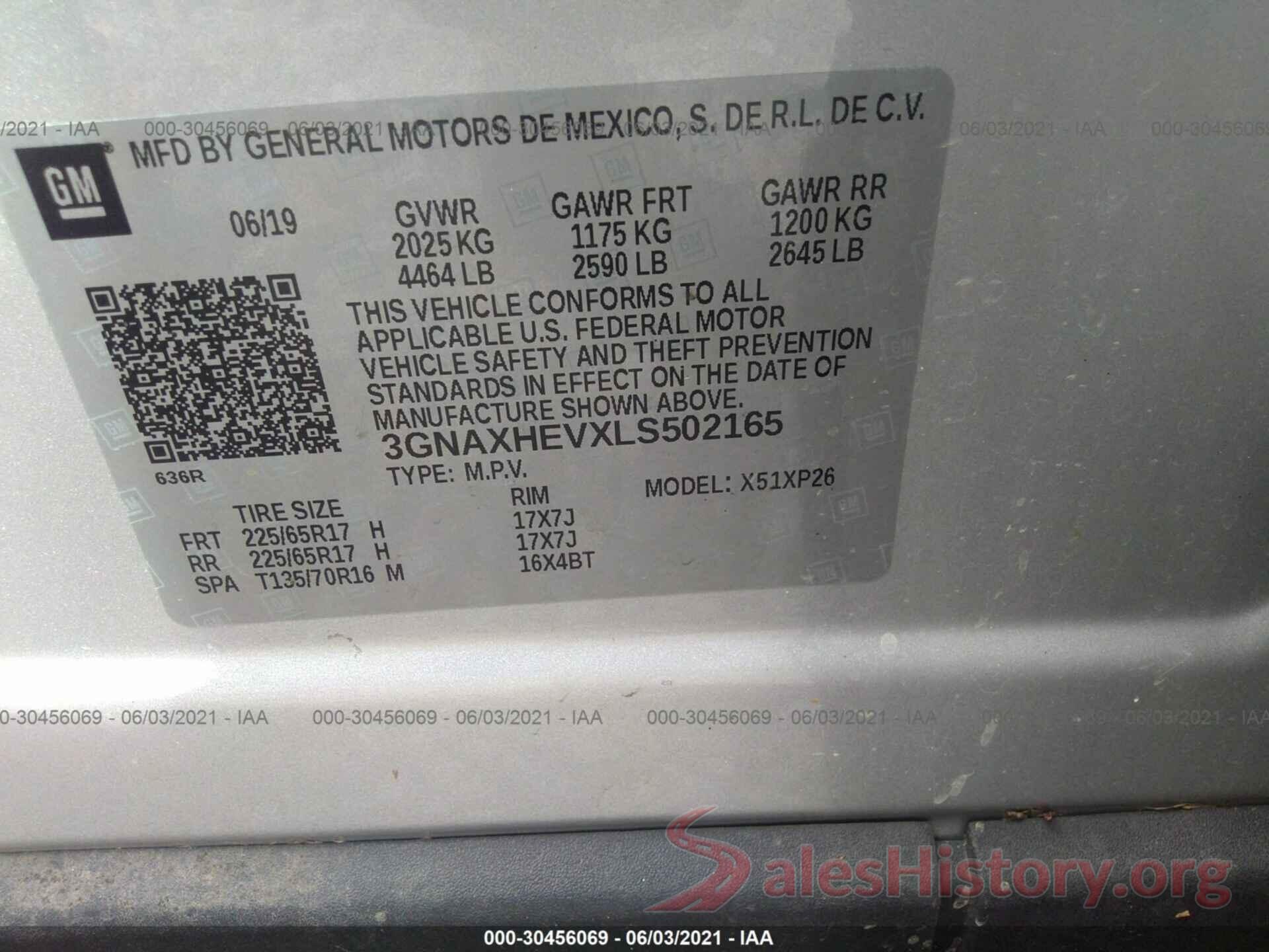 3GNAXHEVXLS502165 2020 CHEVROLET EQUINOX