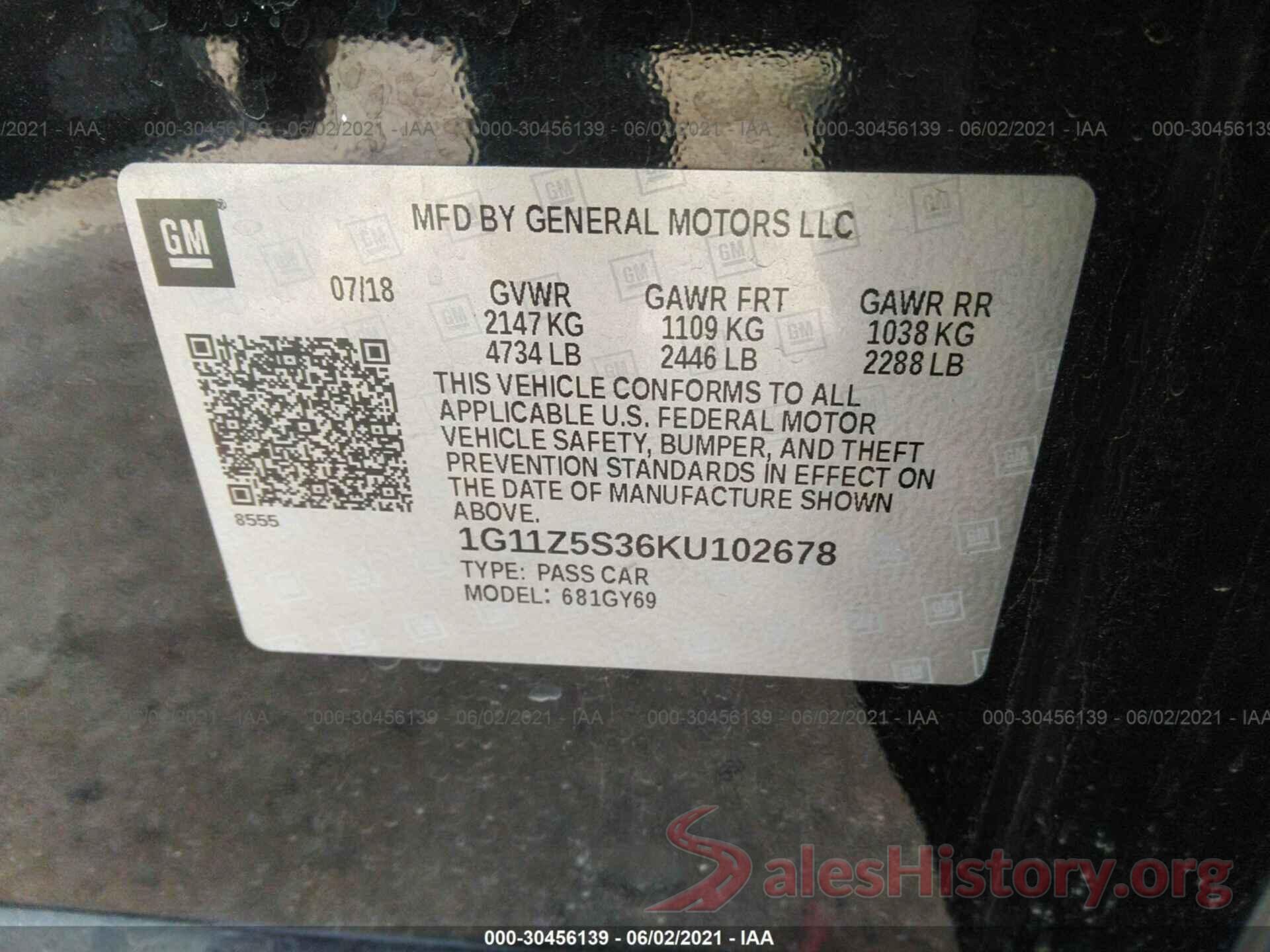 1G11Z5S36KU102678 2019 CHEVROLET IMPALA