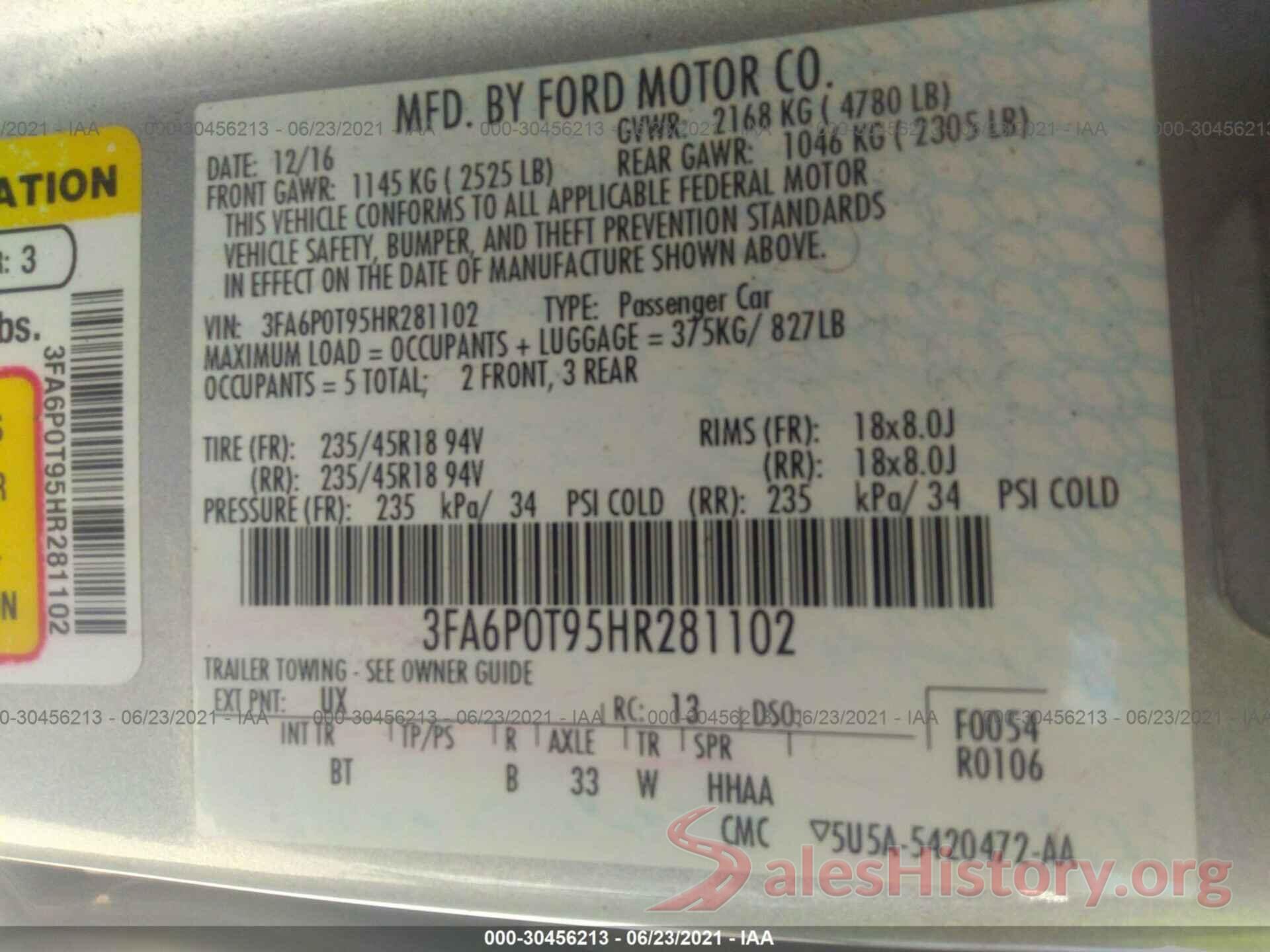 3FA6P0T95HR281102 2017 FORD FUSION