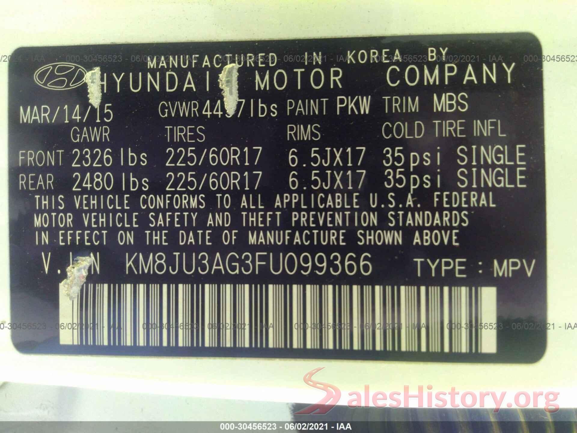 KM8JU3AG3FU099366 2015 HYUNDAI TUCSON