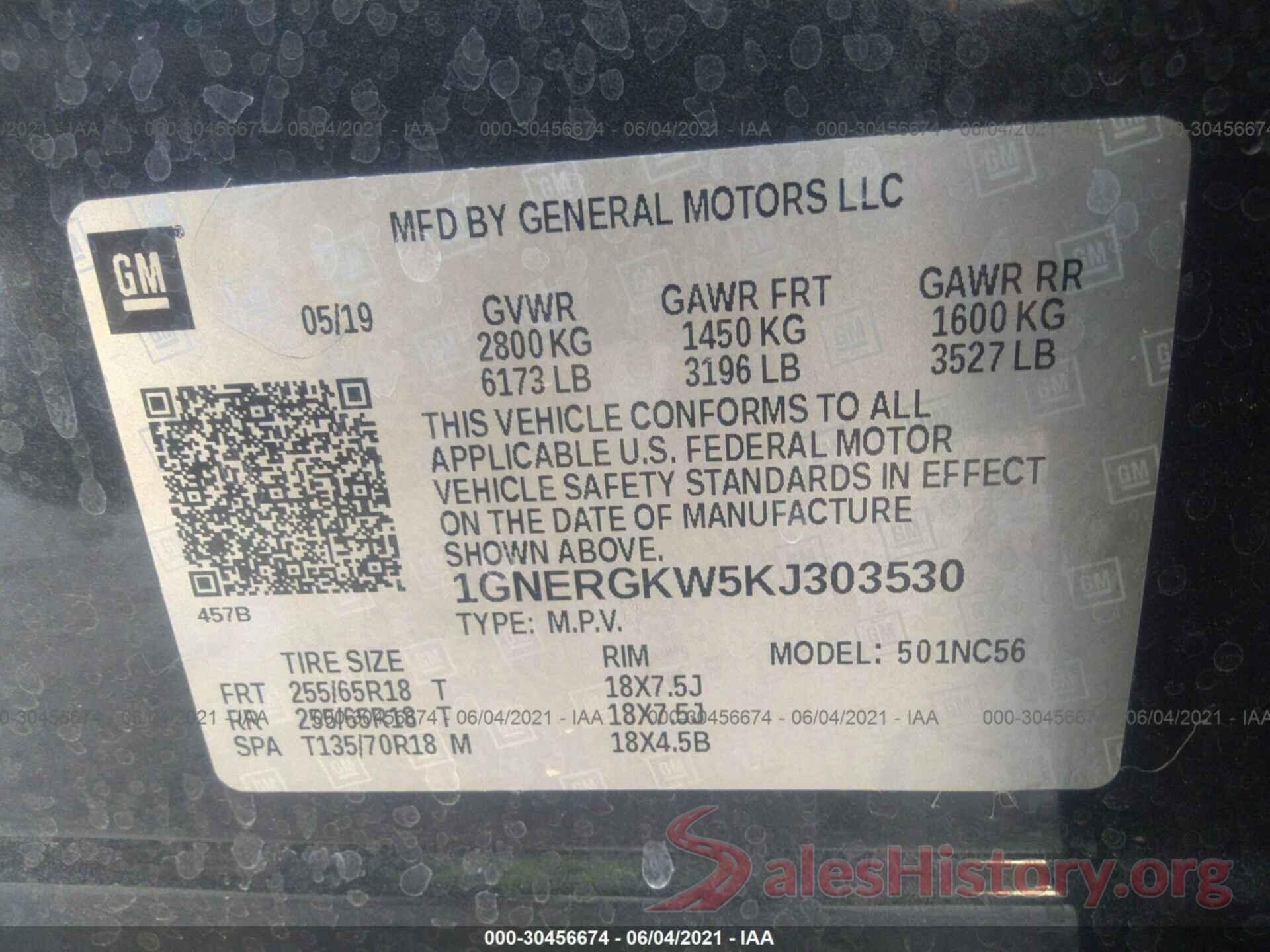 1GNERGKW5KJ303530 2019 CHEVROLET TRAVERSE