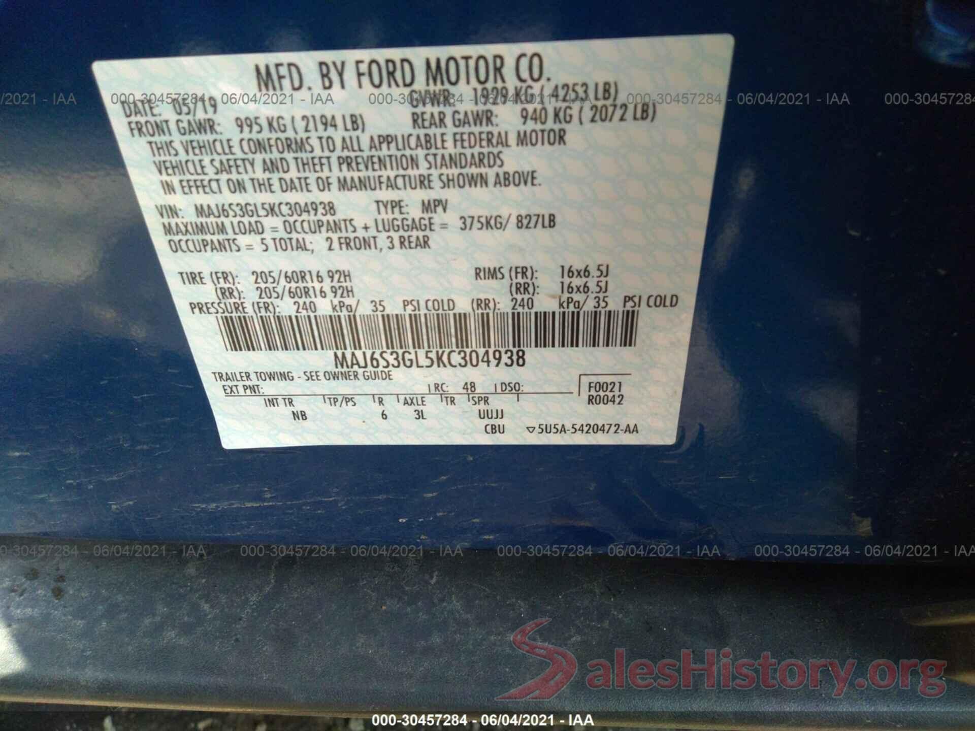 MAJ6S3GL5KC304938 2019 FORD ECOSPORT