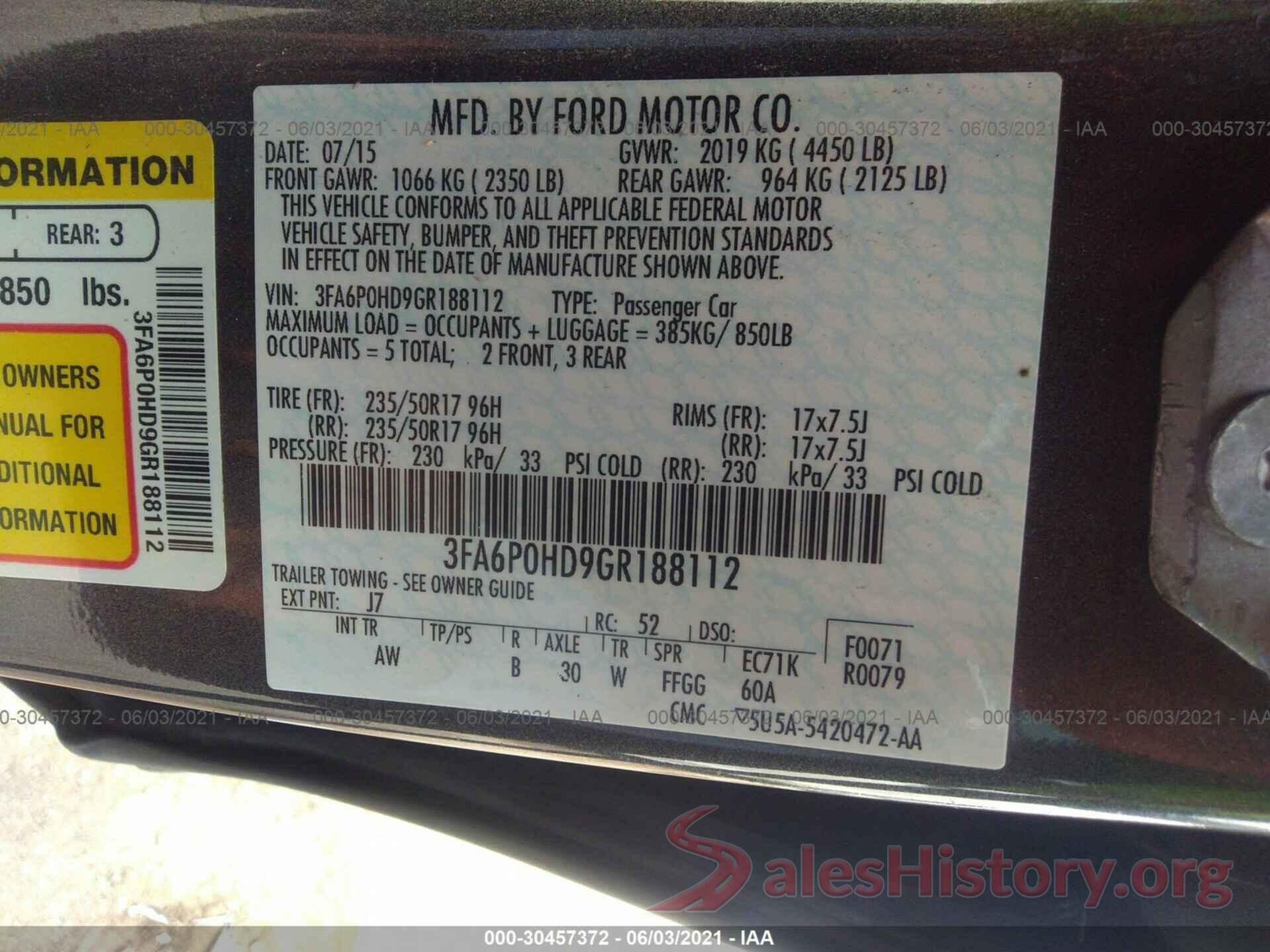 3FA6P0HD9GR188112 2016 FORD FUSION