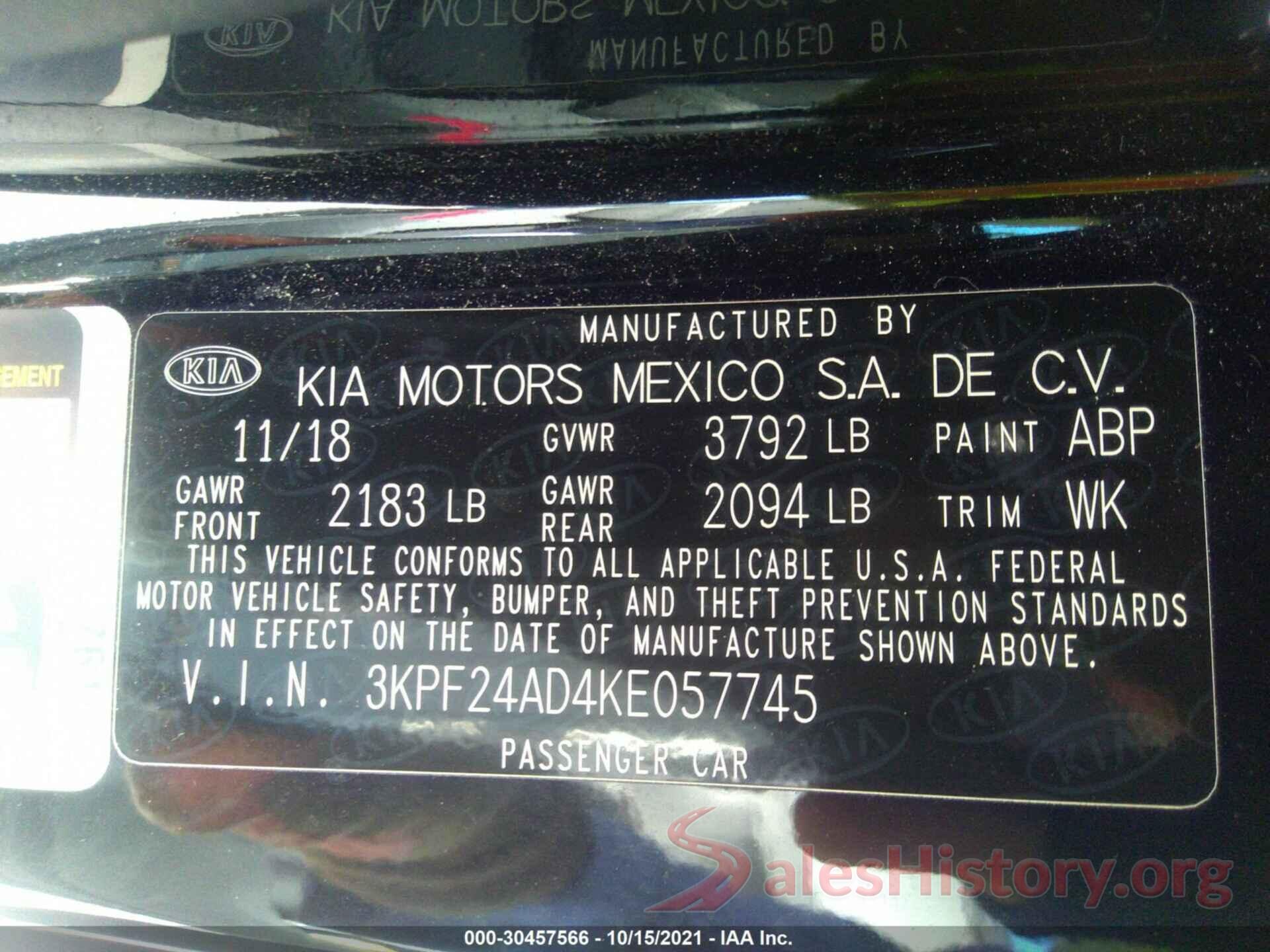 3KPF24AD4KE057745 2019 KIA FORTE