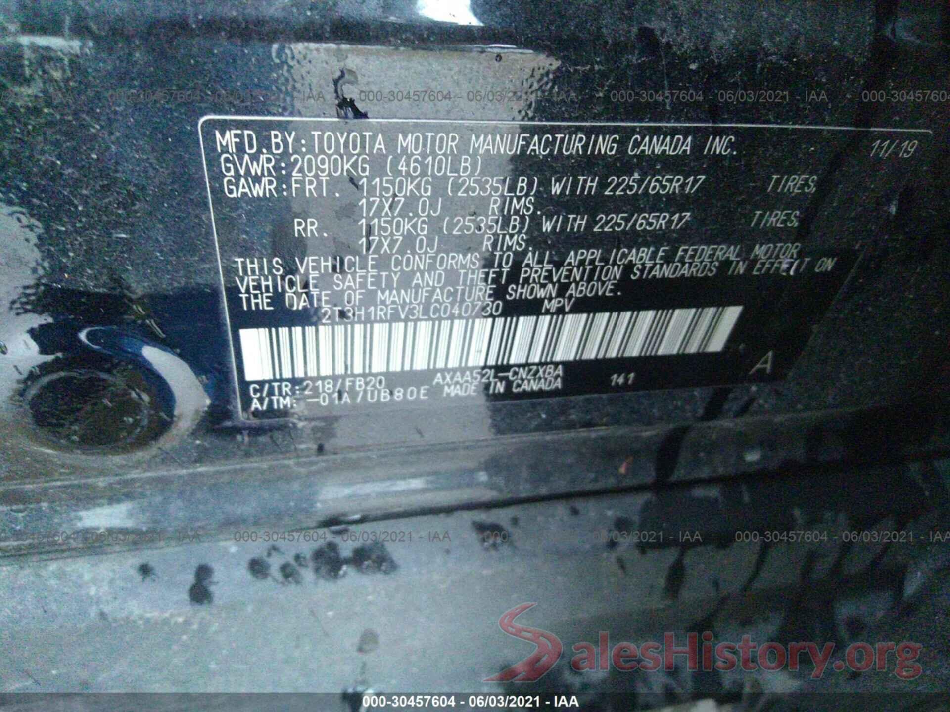 2T3H1RFV3LC040730 2020 TOYOTA RAV4