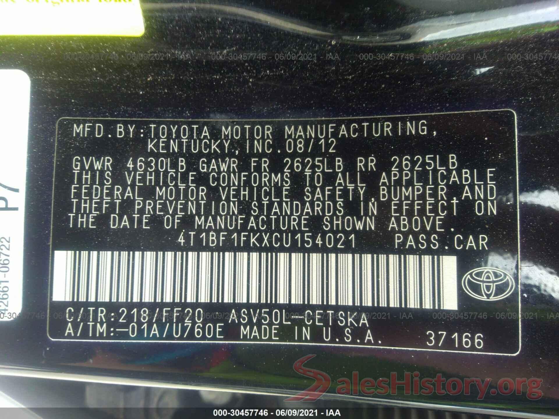 4T1BF1FKXCU154021 2012 TOYOTA CAMRY