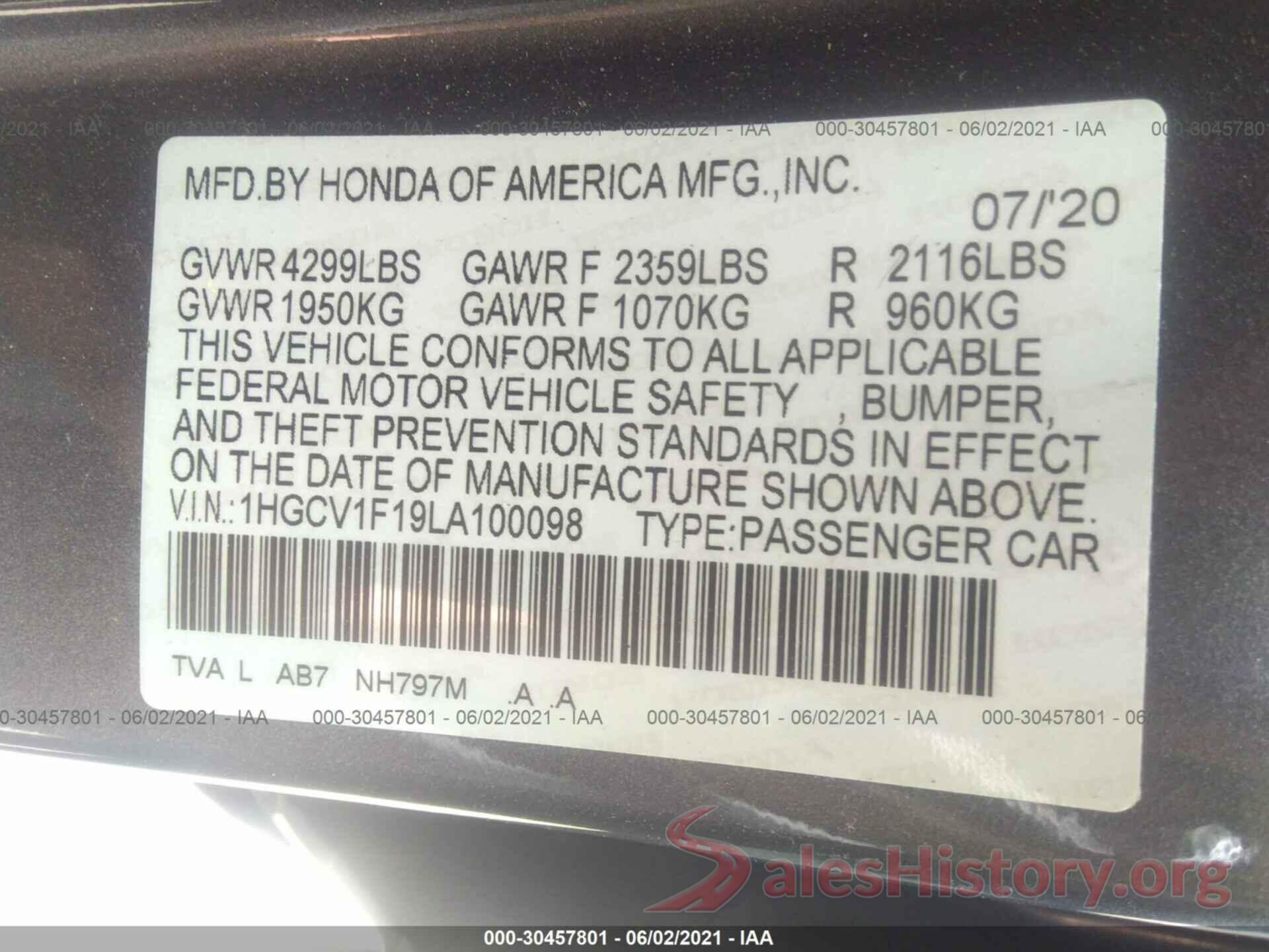 1HGCV1F19LA100098 2020 HONDA ACCORD SEDAN